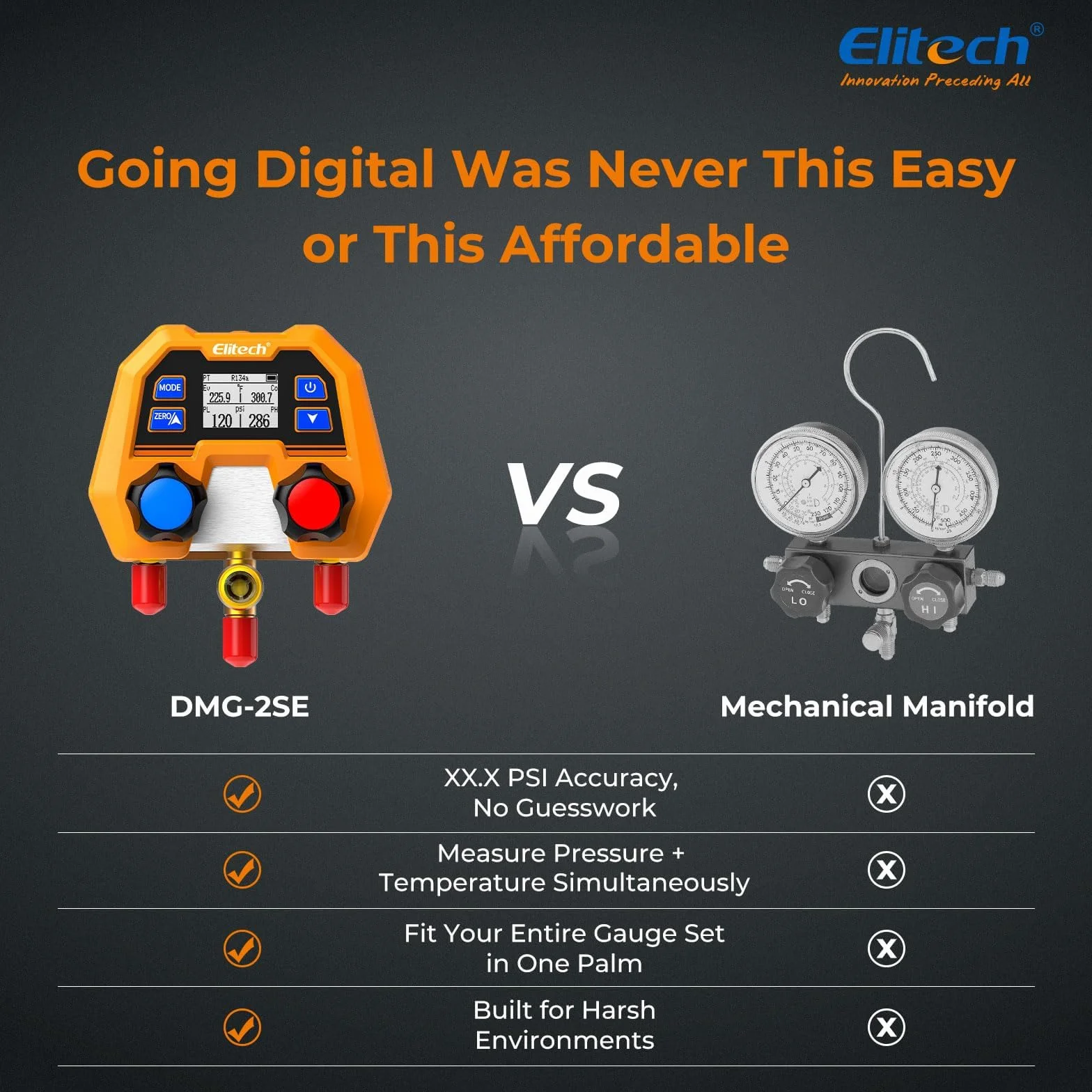Elitech Manómetro Digital HVAC DMG-2SE Medición Presión Temperatura 3 Puertos Pantalla LCD R410A R454B R134