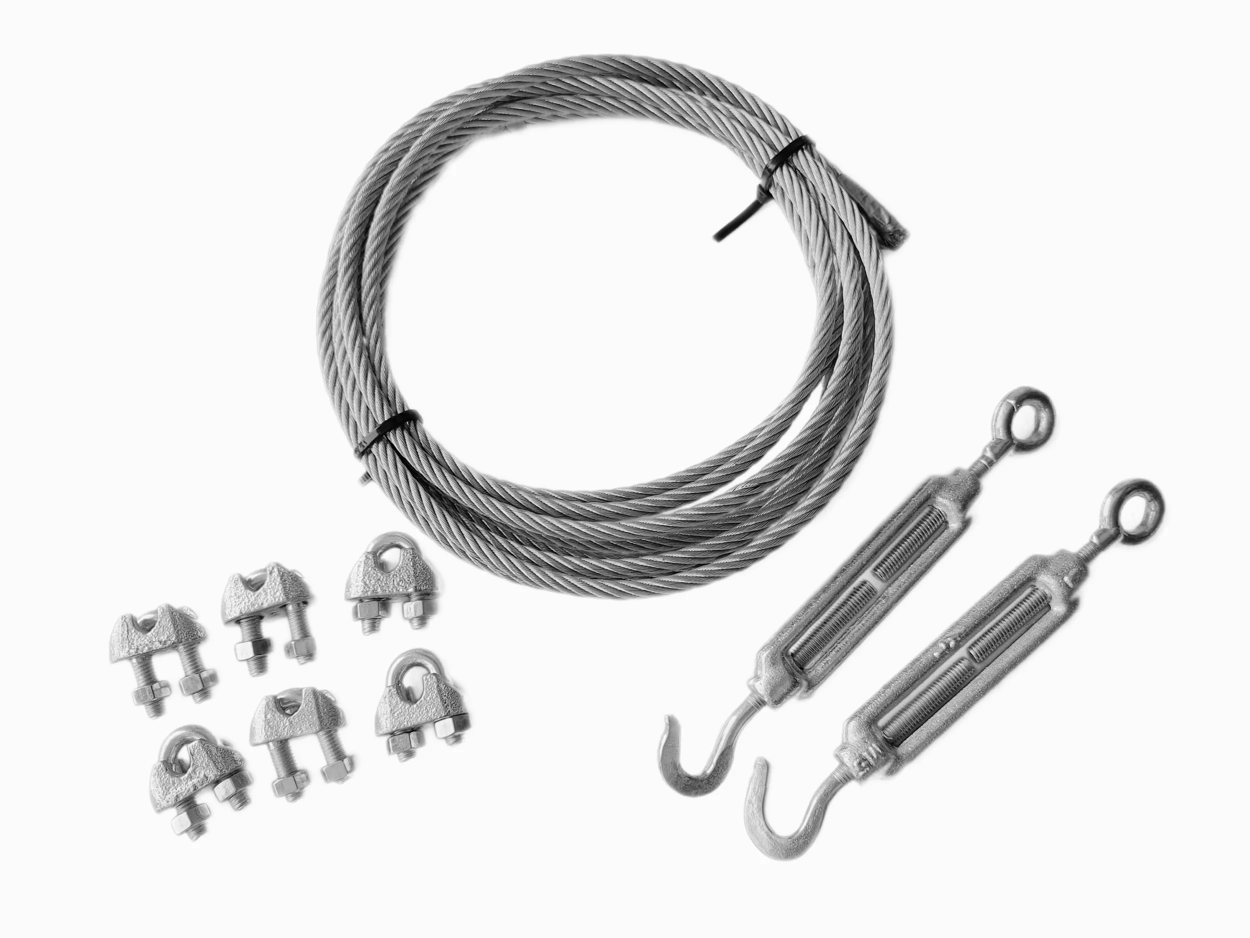 Cable de alambre de 10 mm de grosor, 25 m de longitud, juego de cuerda de acero con 6 abrazaderas de cable y 2 tensores de tensión, juego de cuerda de alambre duradero