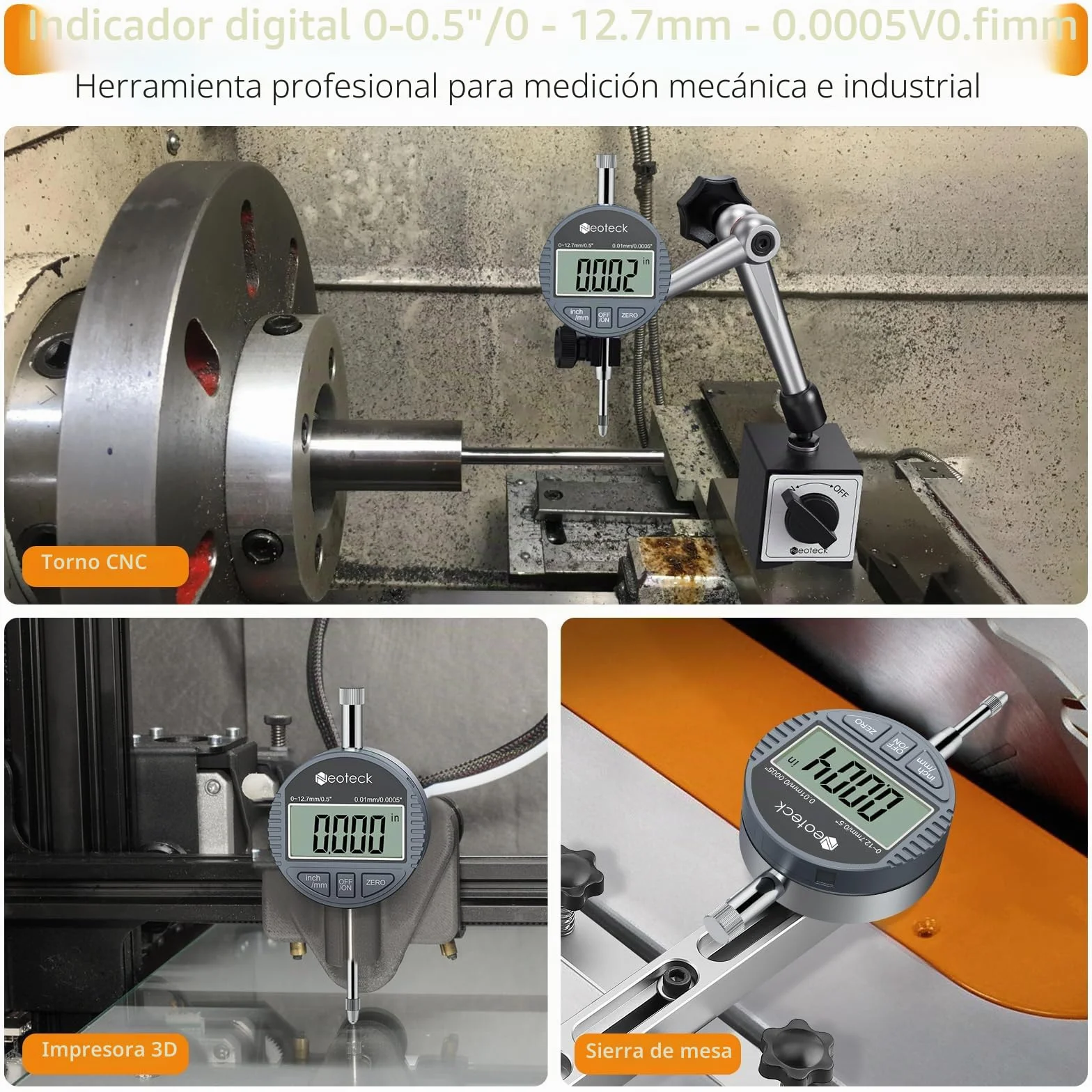 Neoteck DTI Indicador Digital 0.01/.0005'' 0-12.7mm/0-0.5" Reloj Comparador Medición