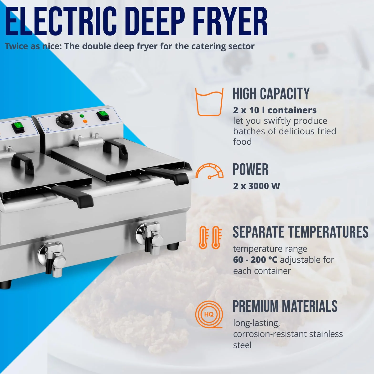 Royal Catering Freidora Eléctrica Doble Para Hostelería 2 x 10 Litros 230 V RCEF 10DB (2 x 3.000 W, Grifos De Vaciado, Temperatura: 50-200 °C)