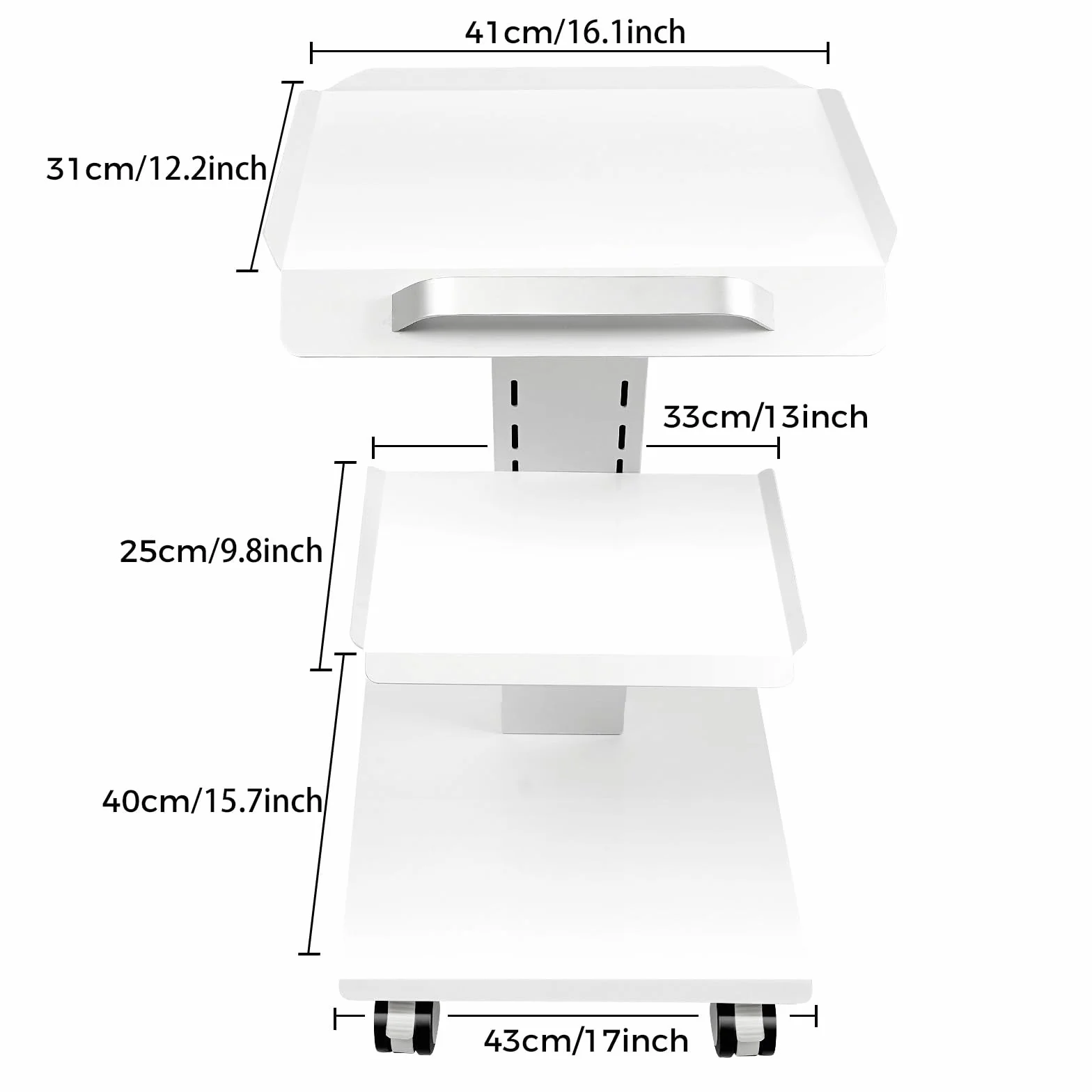 Carro multifunción portátil para Belleza/Medicina/Laboratorio 3 Niveles Capacidad de Carga 100kg 4 Ruedas con Freno 3 enchufes (110V-220V) 41 x 36 x 77 cm