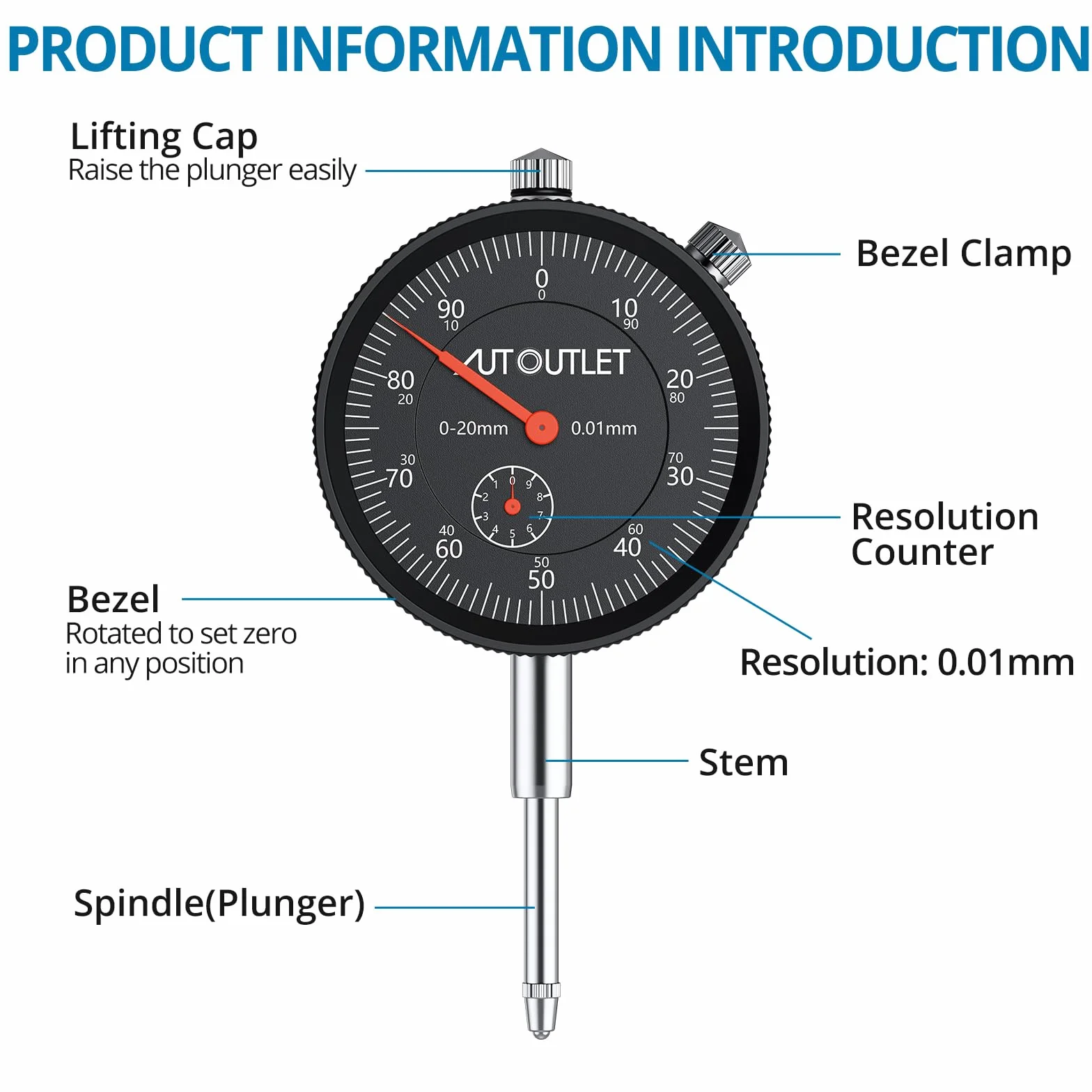 AUTOUTLET Comparador de Cuadrante Calibre con Indicador de Cuadrante de 0-20 mm con Base Magnética de 132 lb/60 kg