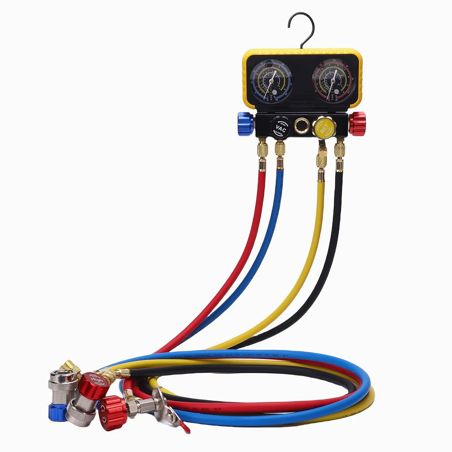 Acouto Manguetes de HVAC con Mangueras 4 Vías Manifold Latón Conjunto Servicio Pesado para el Reemplazo Refrigerantes Válvulas Seguridad Medidor Flujo Herramienta