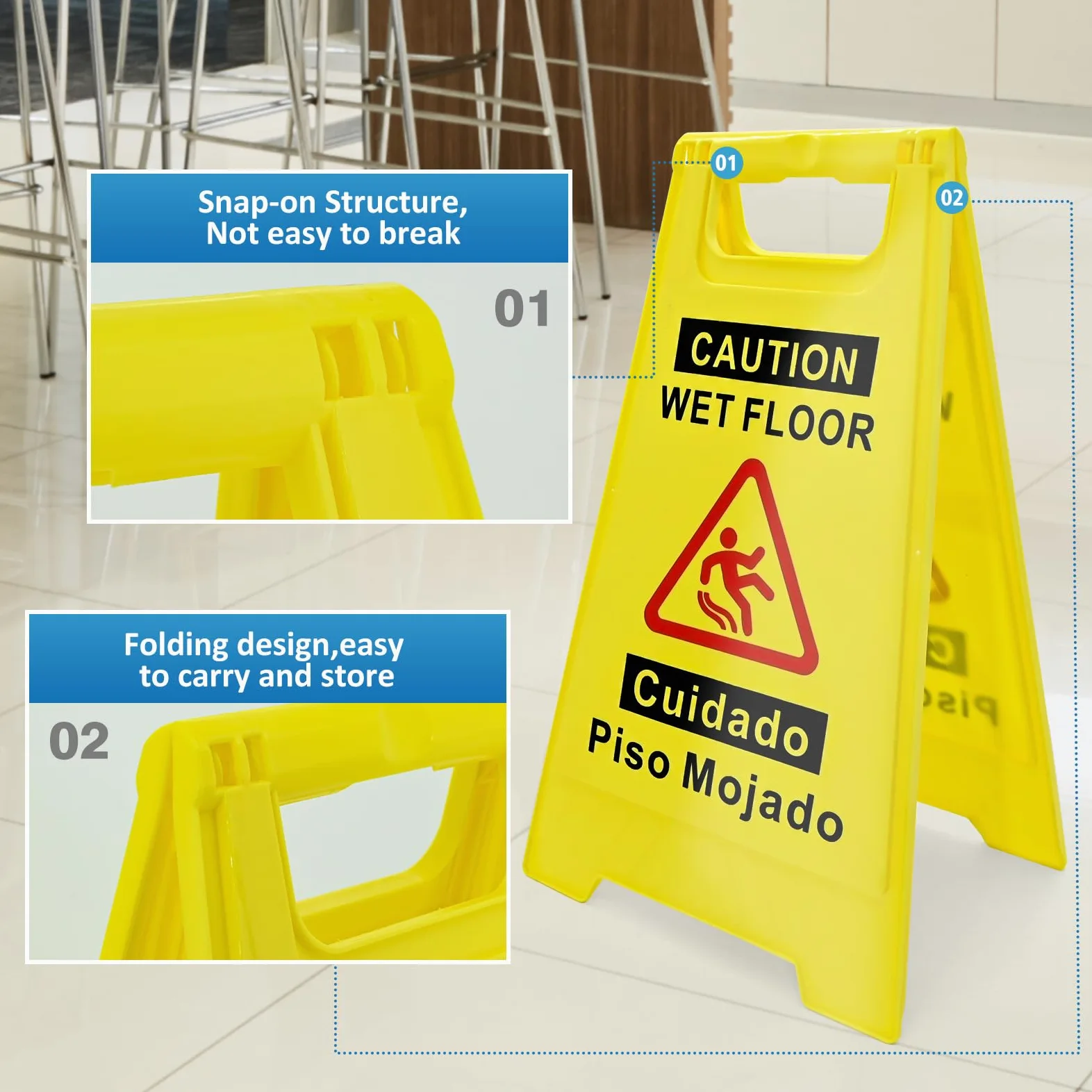 Paquete de 4 letreros de precaución para suelo mojado, 17.5 pulgadas de altura, amarillo brillante, diseño de marco en forma de A de doble cara, mensaje de precaución bilingüe