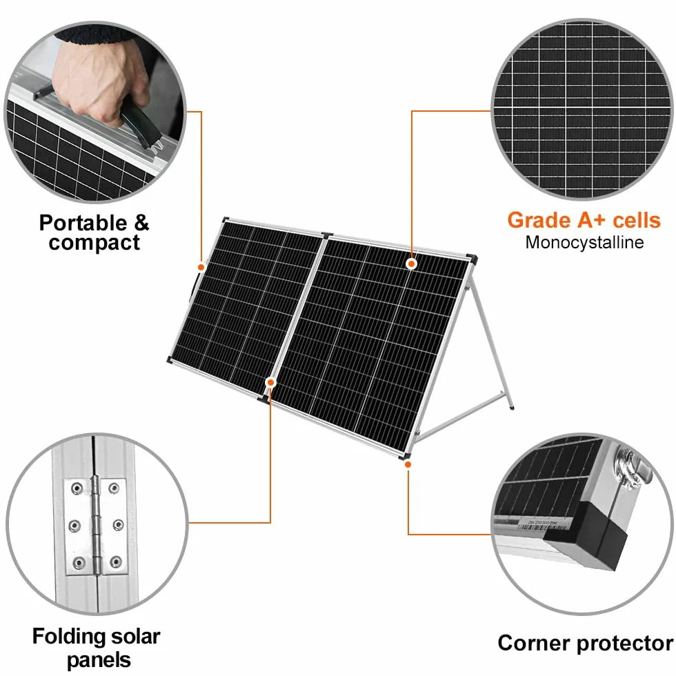 DOKIO Panel Solar Portátil 200W Monocristalina con regulador de carga solar (2 puertos USB)