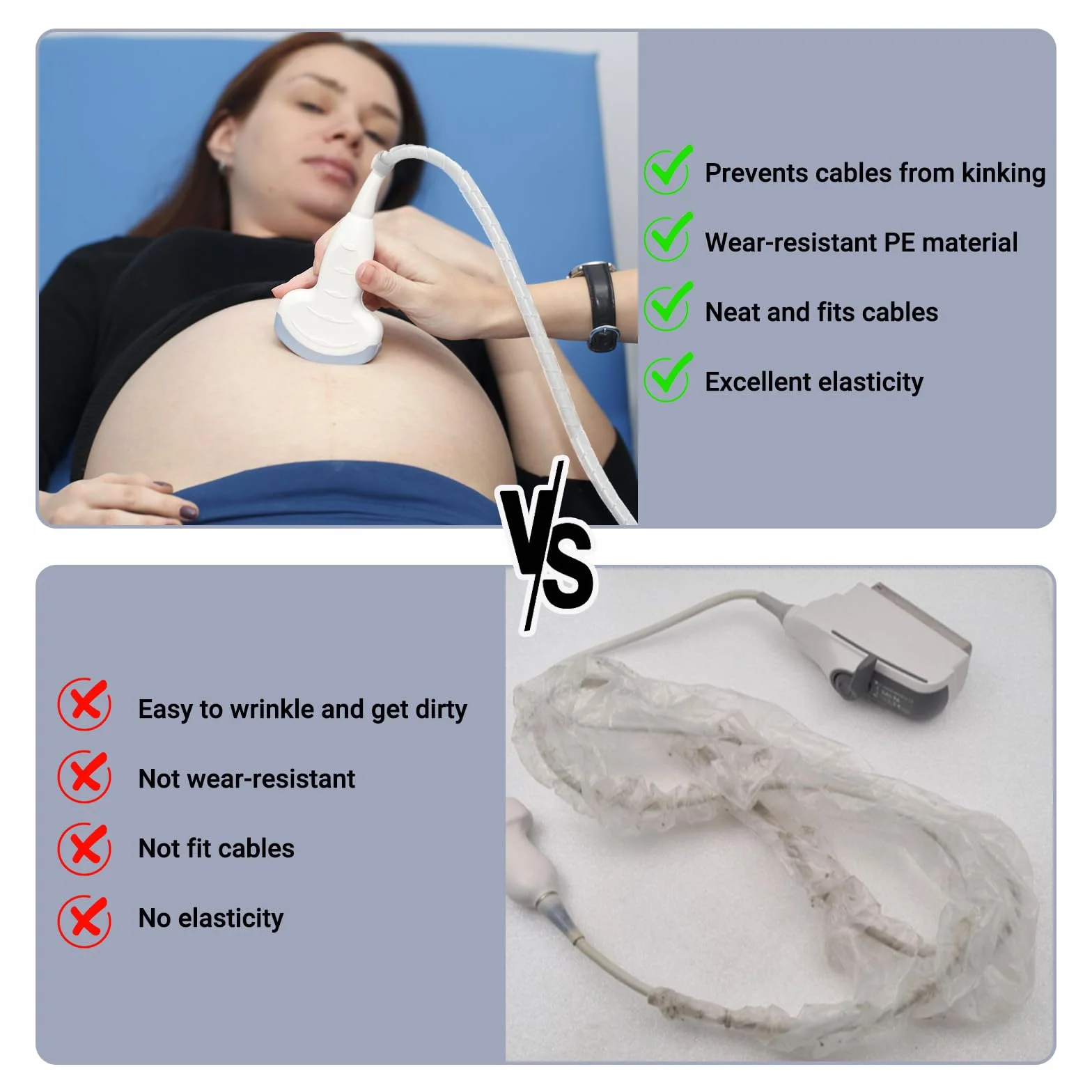 Funda protectora para cable de sonda de ultrasonido, cubierta duradera para cables de circunferencia de 1,27 cm, longitud de 23 pies