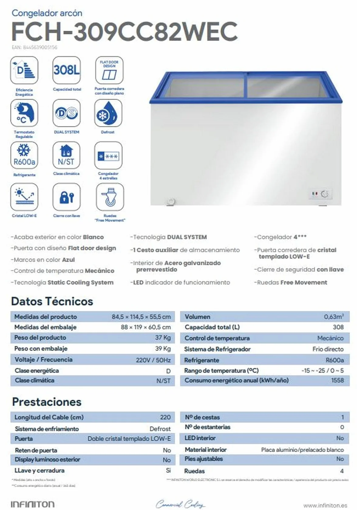 INFINITON Arcon Congelador Industrial FCH-309CC82WEC 309 Litros Puerta Flat Control Mecánico Ruedas Cierre Seguridad Llave
