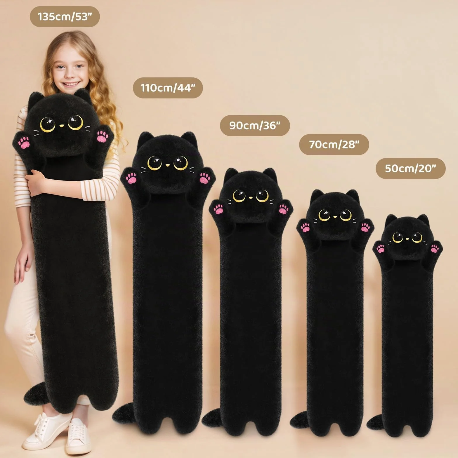 Mewaii Almohada Corporal de Peluche Gato Negro Largo 50 CM