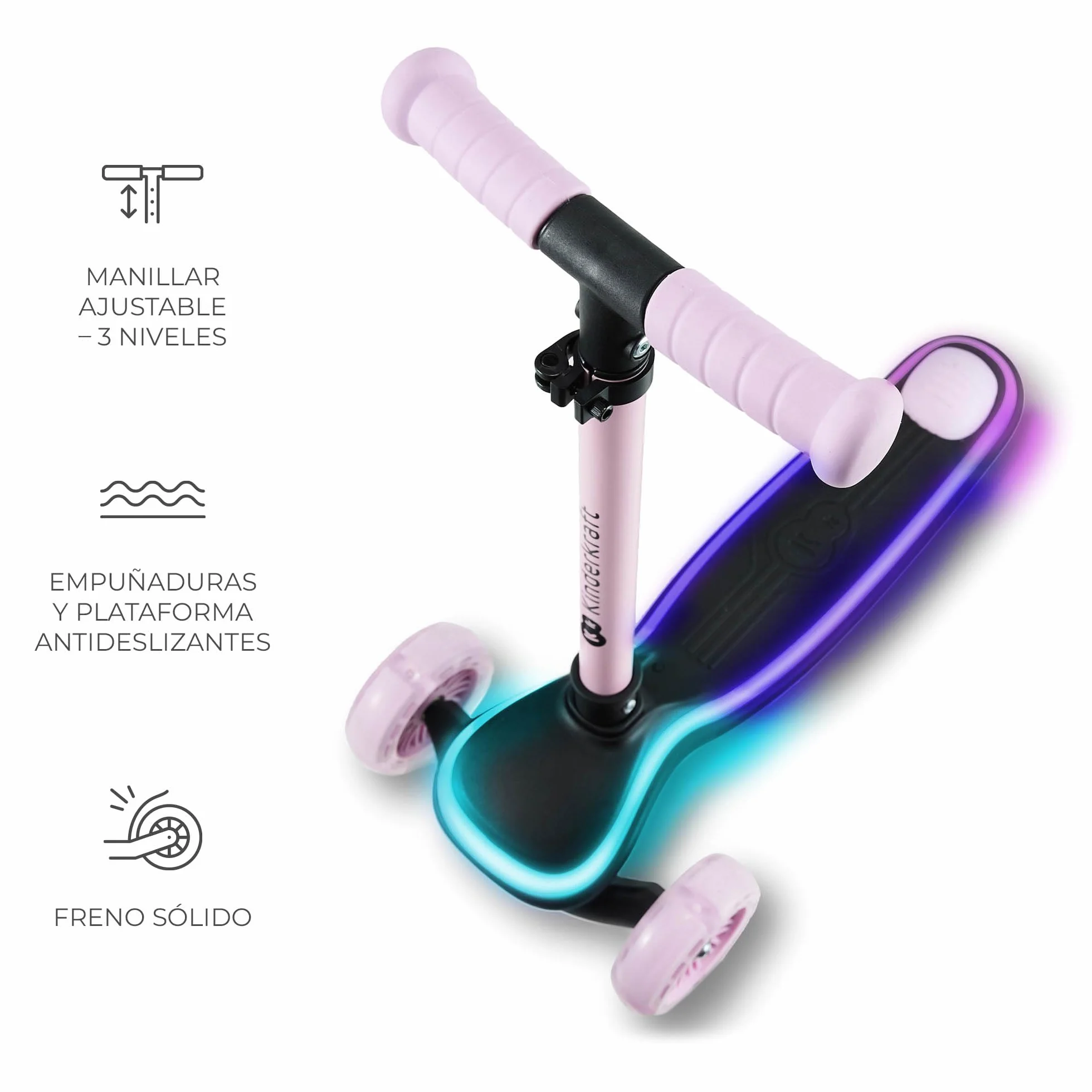 Kinderkraft RAKET Patinete para niños 1 año 50 kg Ruedas LED Manillar Regulable Altura Rosa