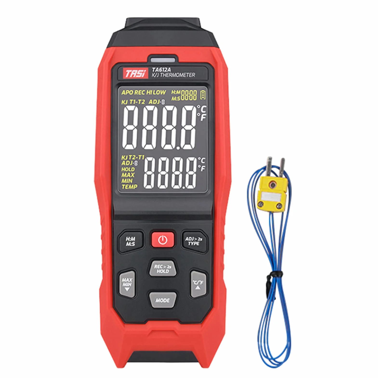 TASI TA612C Termómetro termopar tipo K/J de 4 canales -200~1372℃/ -328~2501℉ Medidor de temperatura LCD digital portátil 5000 Grupos Almacenamiento de datos con carga de datos USB y