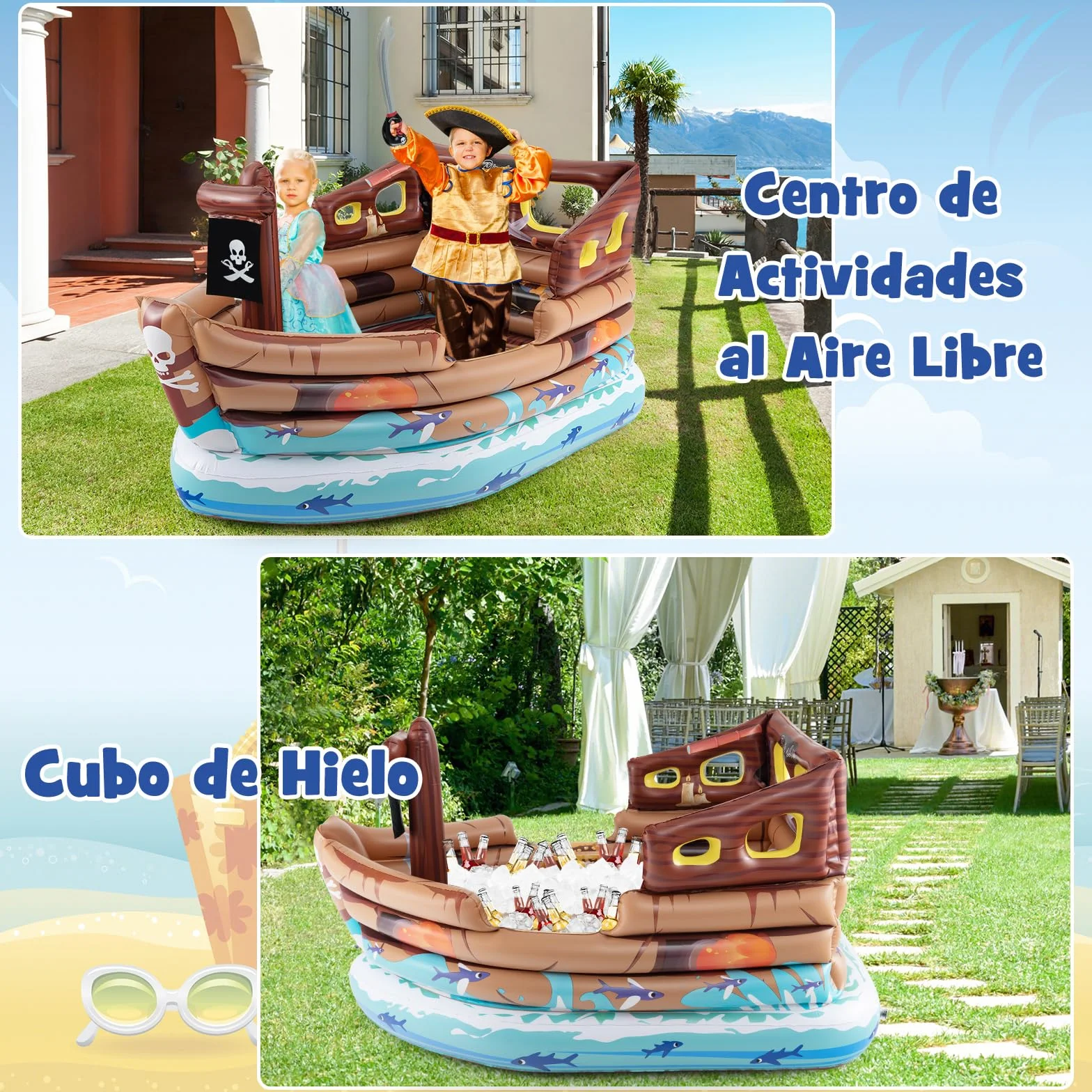 COSTWAY Barca Hinchable Niños Pirata Motor Incorporado 203x138x111 cm
