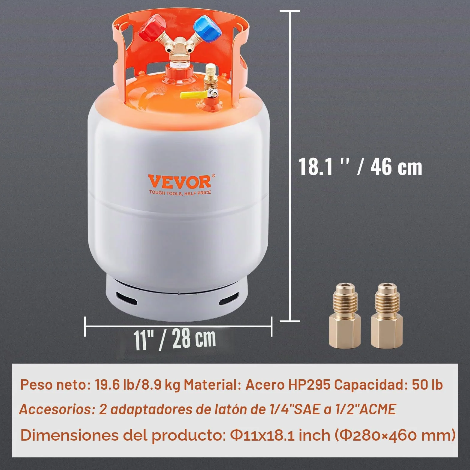 VEVOR Tanque de Recuperación de Refrigerante Capacidad de 50 libras Tanque Cilíndrico Portátil 400PSI con Válvula Y para Líquido Vapor Recipiente de Recuperación de Alto Sellado para R22/R134A/R410A