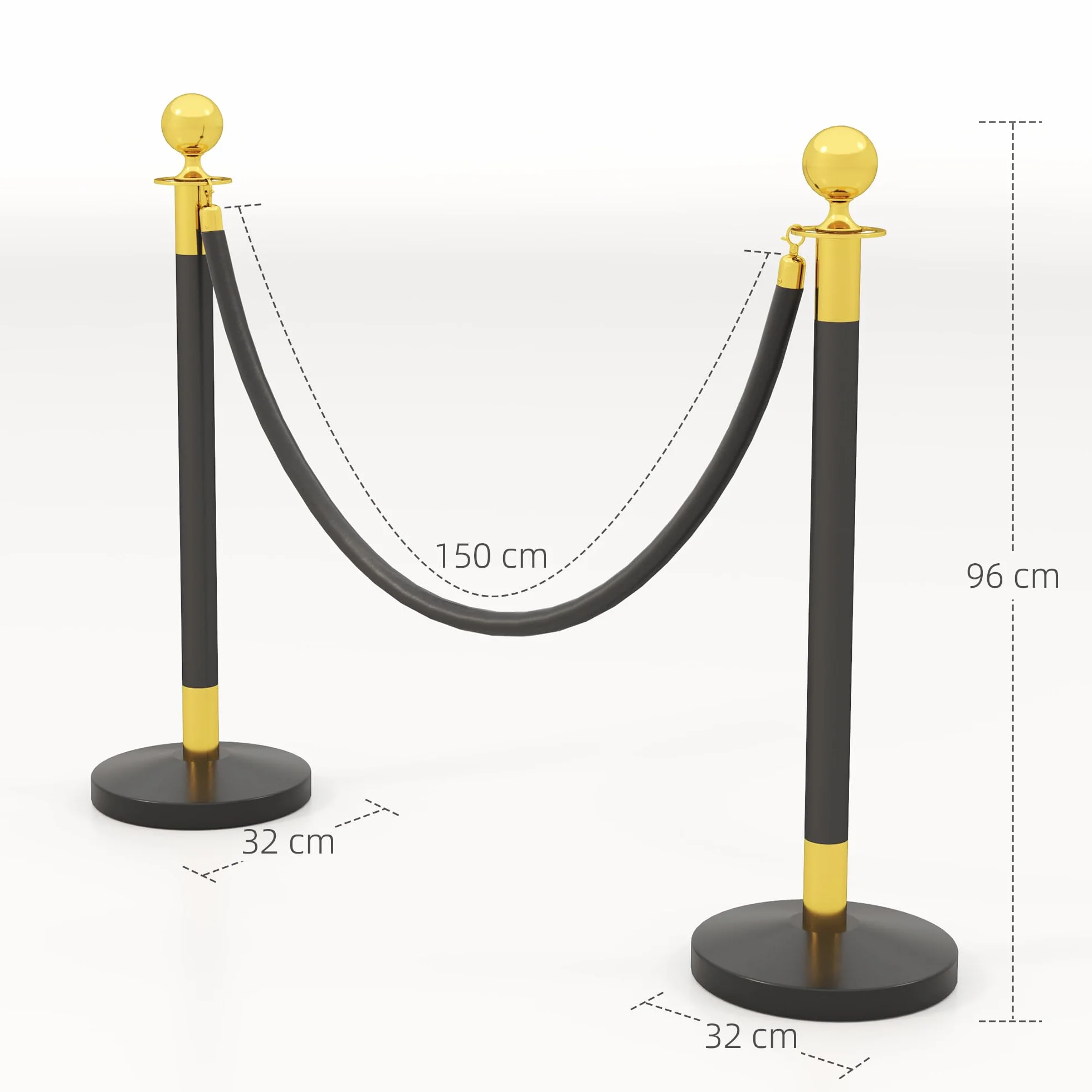HOMCOM Postes Separadores de Acero Inoxidable 96 cm, Base de Agua, Cuerda de Terciopelo 1,5 m, Negro