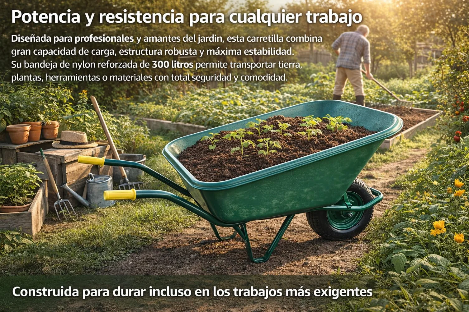 Carretilla de Nylon Verde 300L – Bandeja Reforzada de 4,6 mm, Rueda Neumática, Estructura Metálica Estable, Uso Profesional en Jardinería, Agricultura y Construcción – Hijos de J. SANZ
