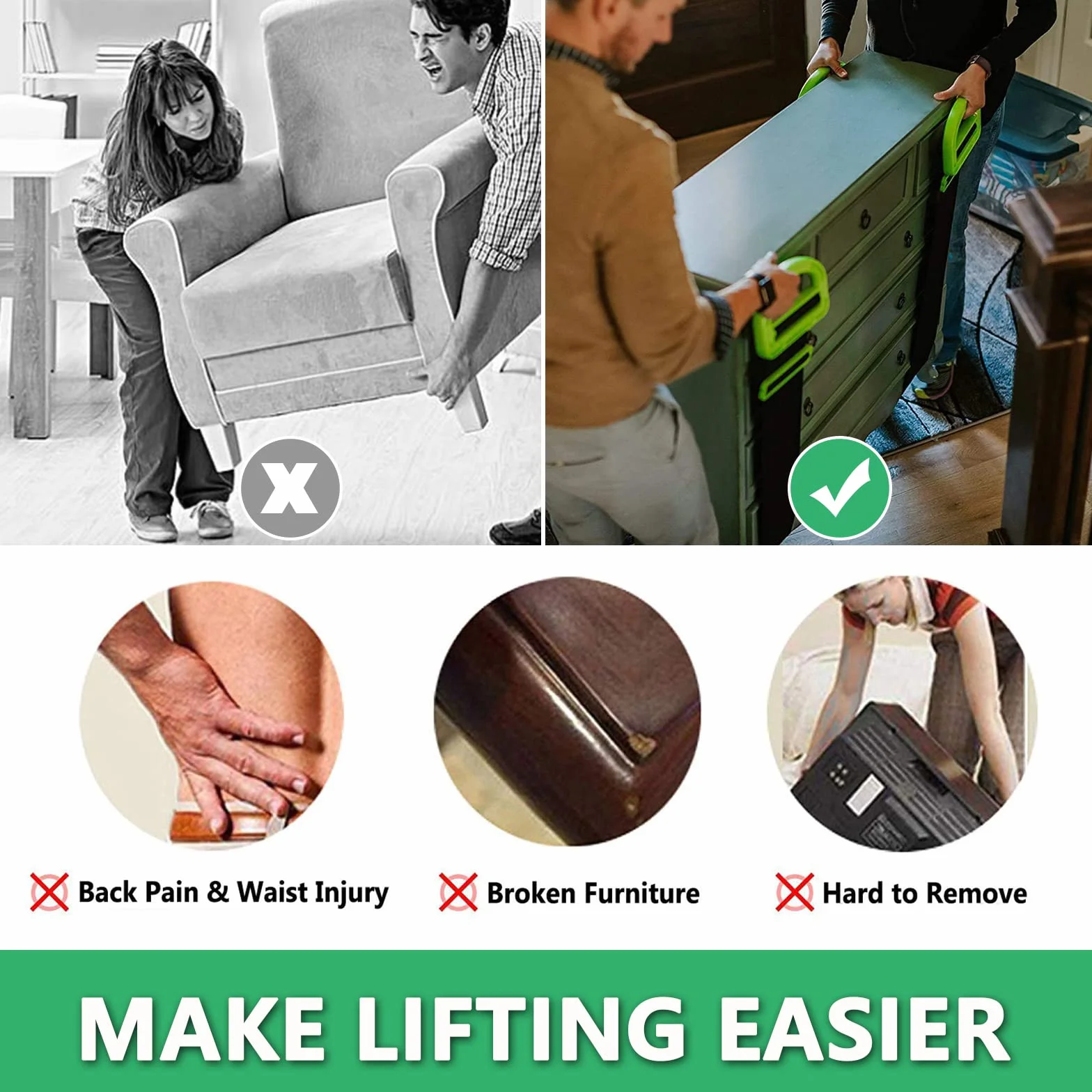 Paquete de 2 Correas para Mover y Levantar Muebles, Cajas, Colchón, con 2 Pares de Guantes
