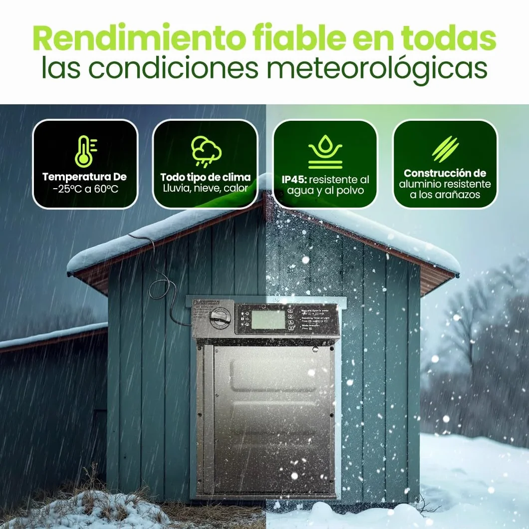 Puerta gallinero automatica Solar con batería 5000 mAh, Mando a Distancia, Aluminio Resistente, 7 Modos Apertura, Impermeable IP45, Alarma integrada y termómetro/higrómetro Conectado