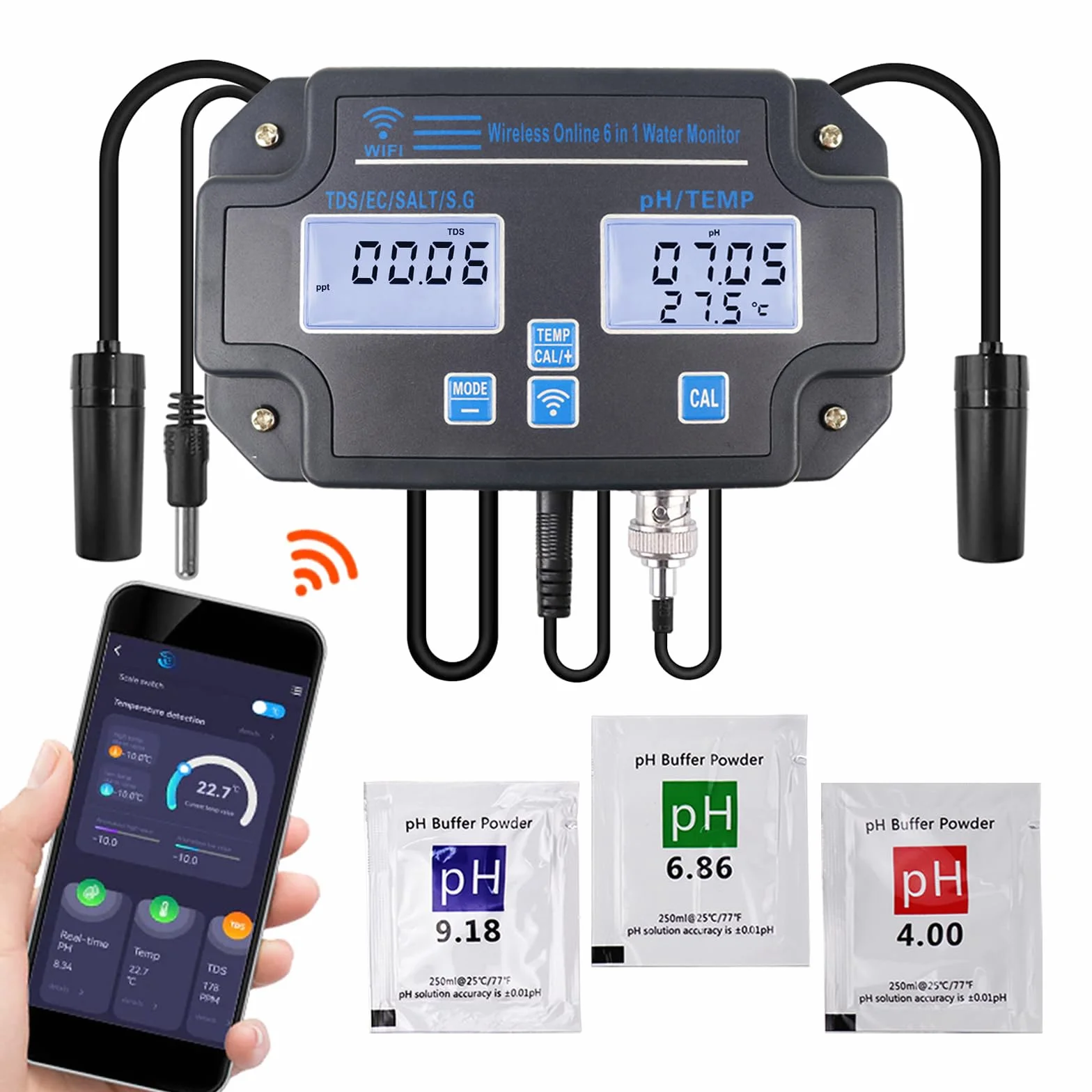 Probador de calidad de agua WLAN, monitor de pH 6 en 1, mide pH/EC/TDS/salinidad/peso y temperatura, monitoreo de aplicaciones en línea las 24 horas y almacenamiento de curvas de datos, medidor de pH