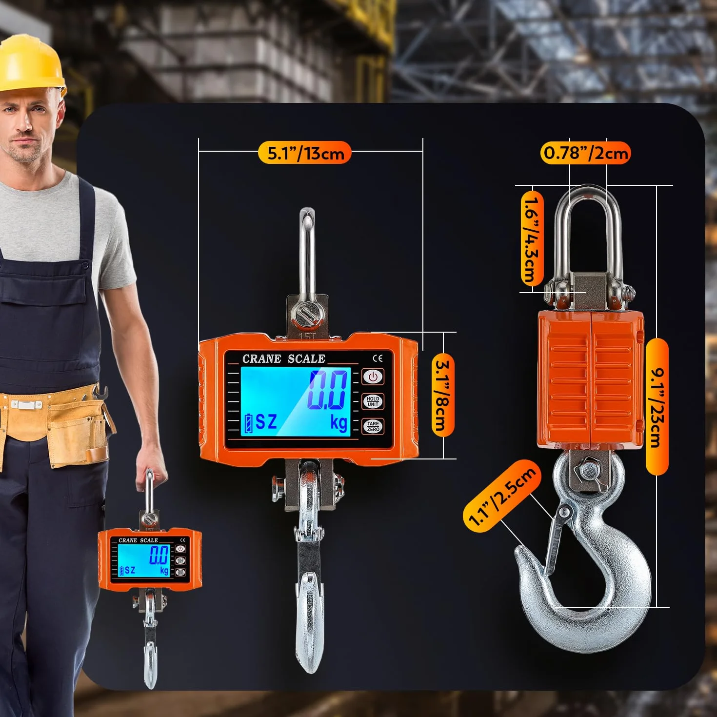 CGOLDENWALL Báscula de Grúa 1000kg/2200lb, Báscula Industrial Colgante Con Kg/Lb/N, Pantalla Lcd Retroiluminada - Báscula De Gancho Ideal Para Granjas, Ganadería y Construcción 1T