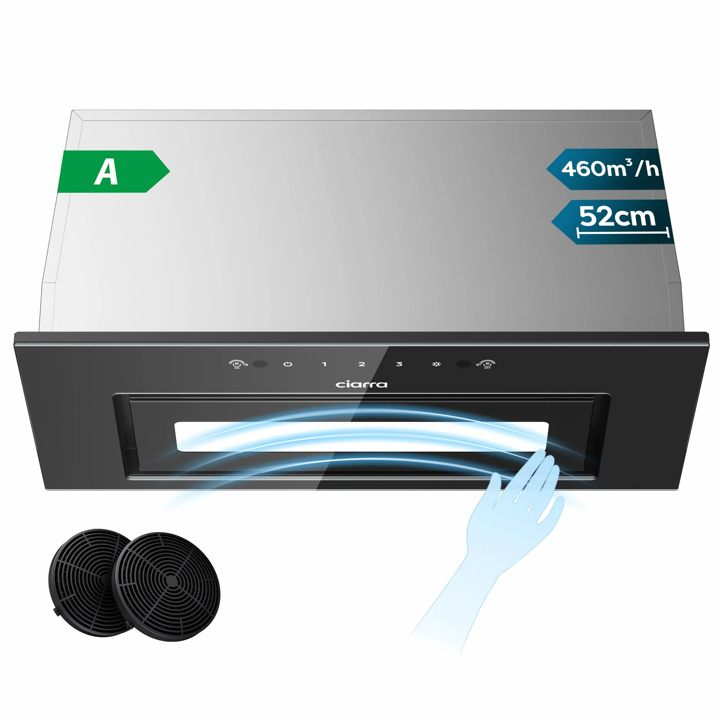 Campana Extractora Encastrable Ciarra CBCB5931B 460 m³/h Clase A 52cm 3 Velocidades Control por Gestos Acero Inoxidable Negro