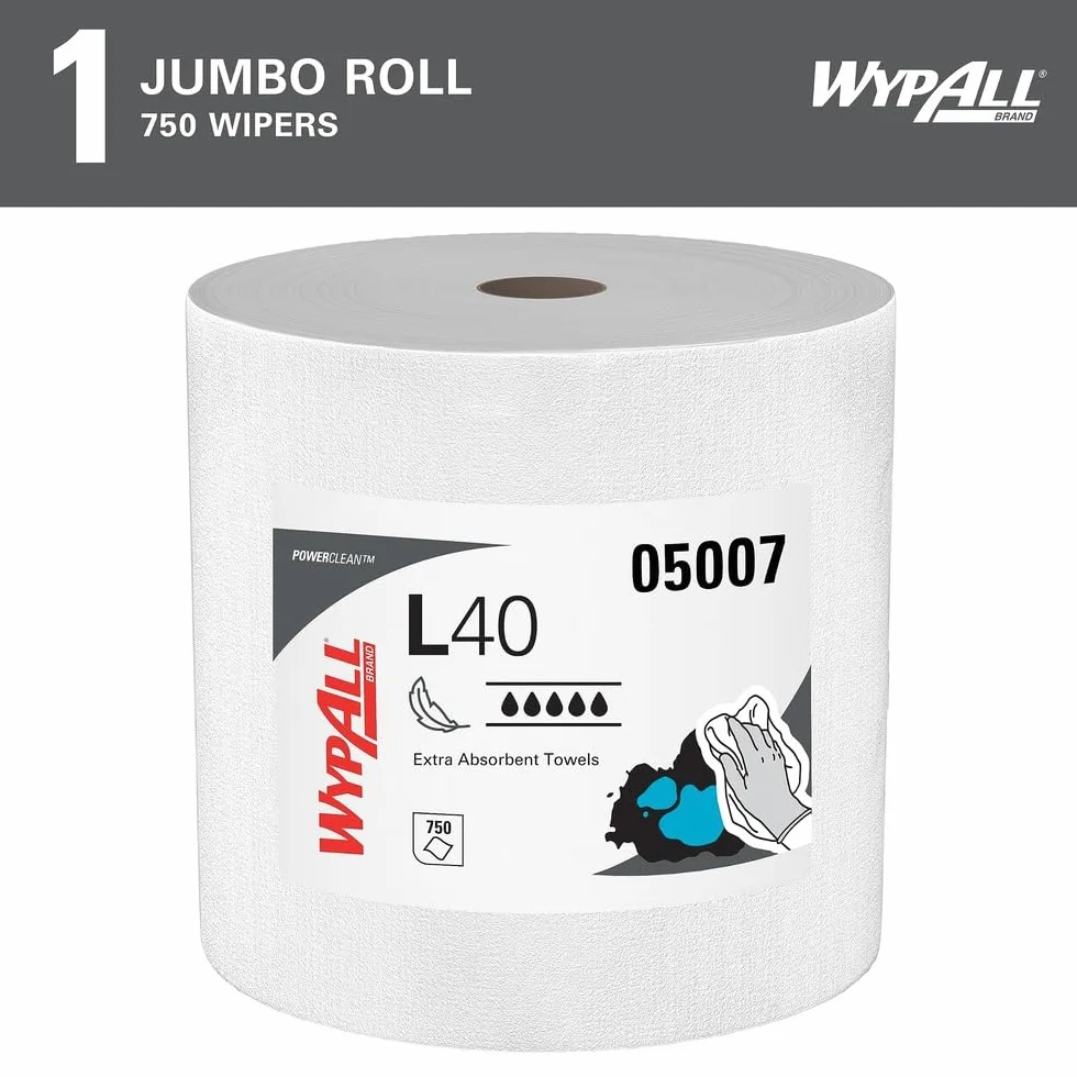 WypAll L40 Power Clean Paños Industriales 7452, Resistencia y Absorción Superior, Ideal para Limpieza Industrial y Mantenimiento, Compatible con Dispensadores Kimberly-Clark, 1 Rollo de 750 Paños