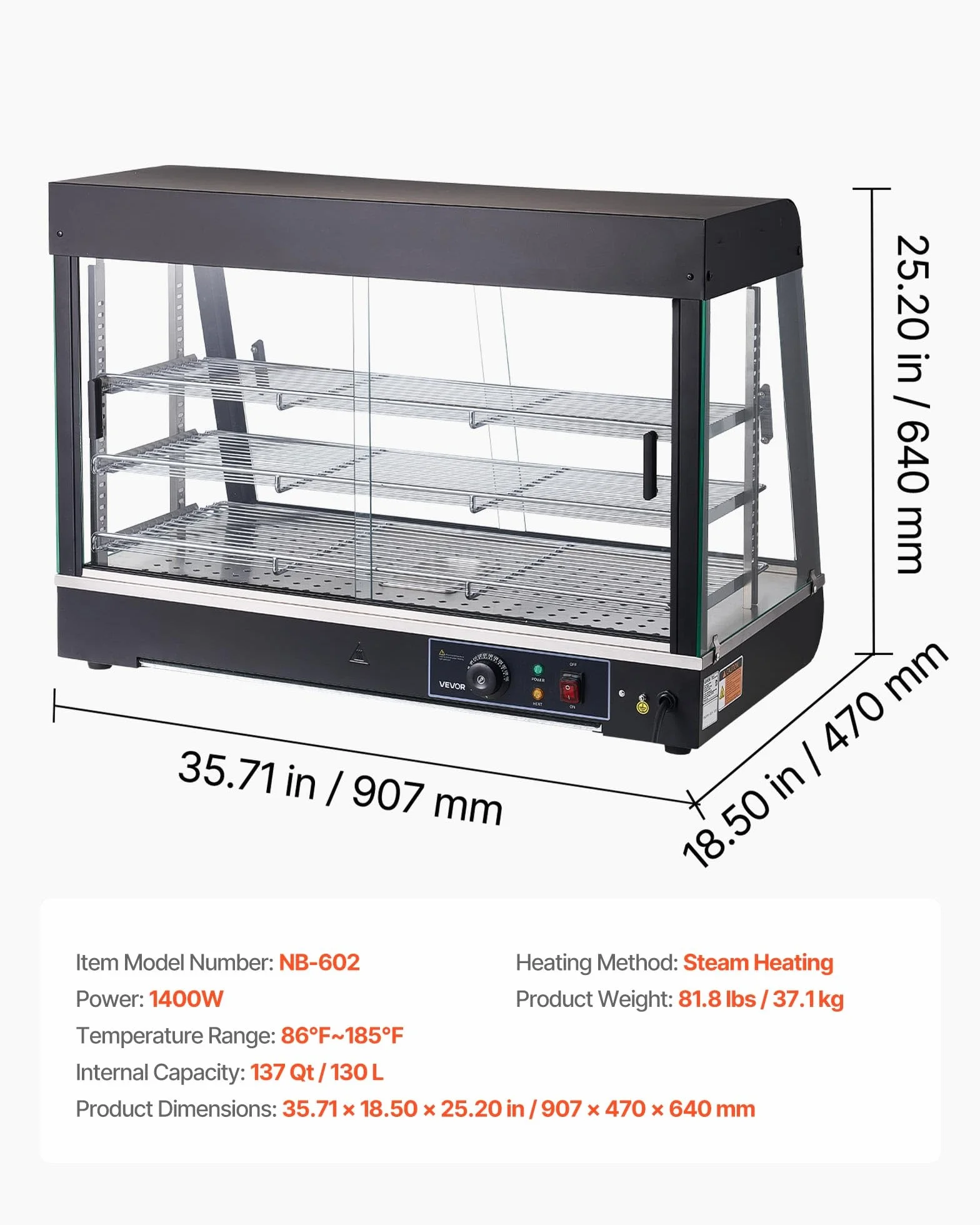 VEVOR Vitrina de Calor 3 Niveles 1400 W Expositor Calentador de Alimentos 130 L Luz LED Estantes Extraíbles