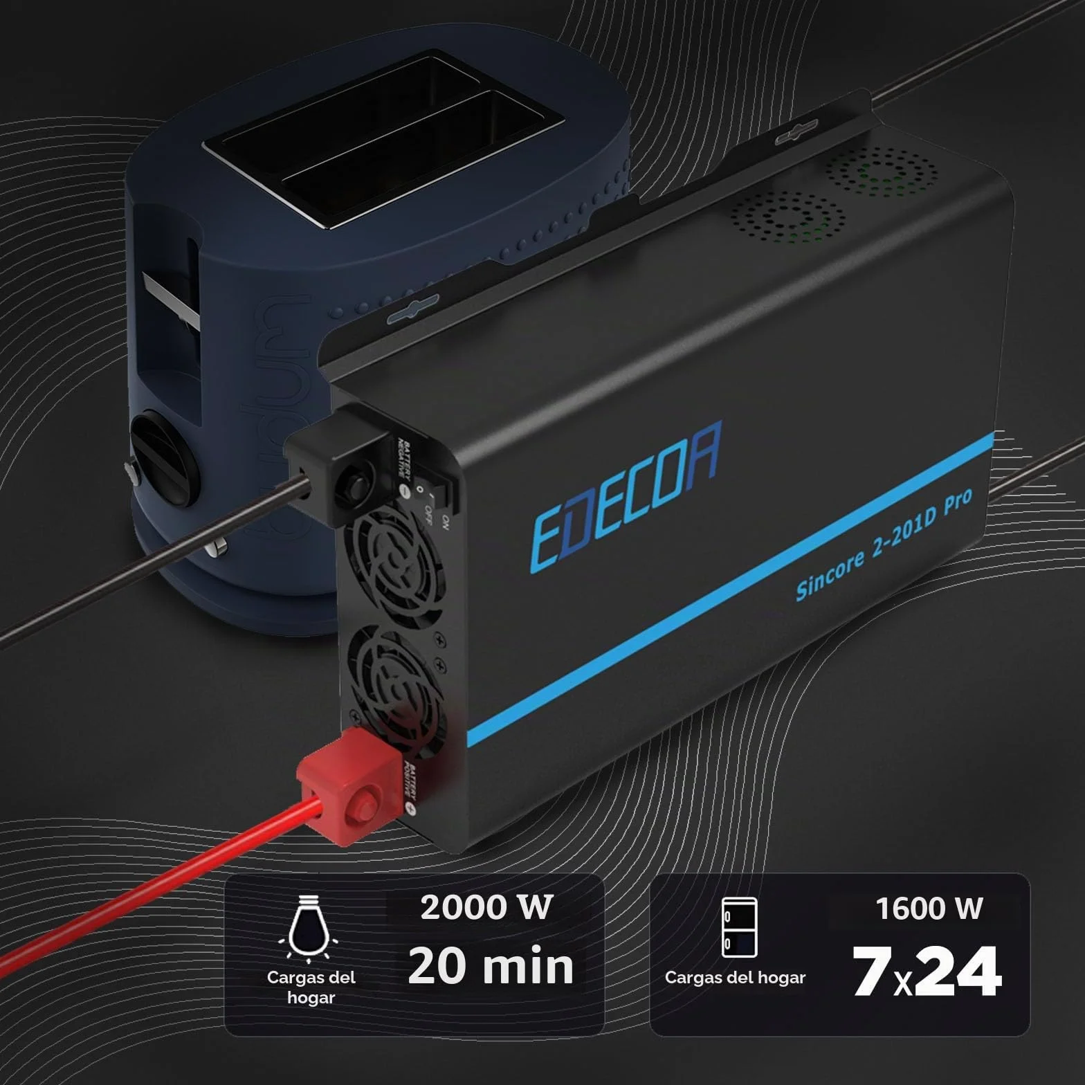 EDECOA Inversor 12v 220v Onda Pura 2000w con Mando a Distancia, LCD, USB Type-C, Ventiladores silenciosos, Compatible con baterías Gel, Agm, Litio para caravanas, Barco, Coche, Paneles solares