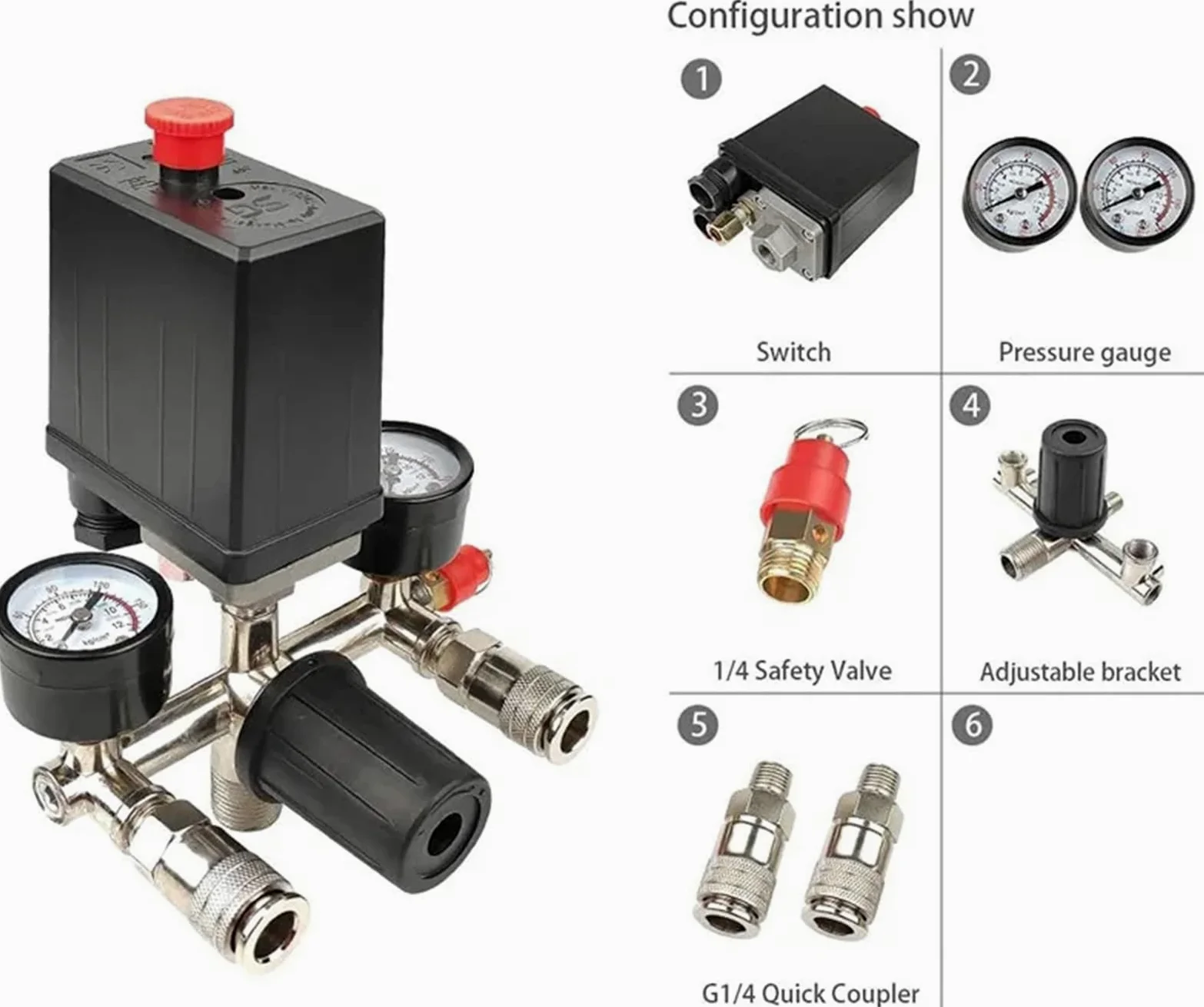 Bomba de compresor Aire 220V/380V 90-120 PSI con Interruptor presión, válvula Control, regulador Alivio del colector manómetro(220v)