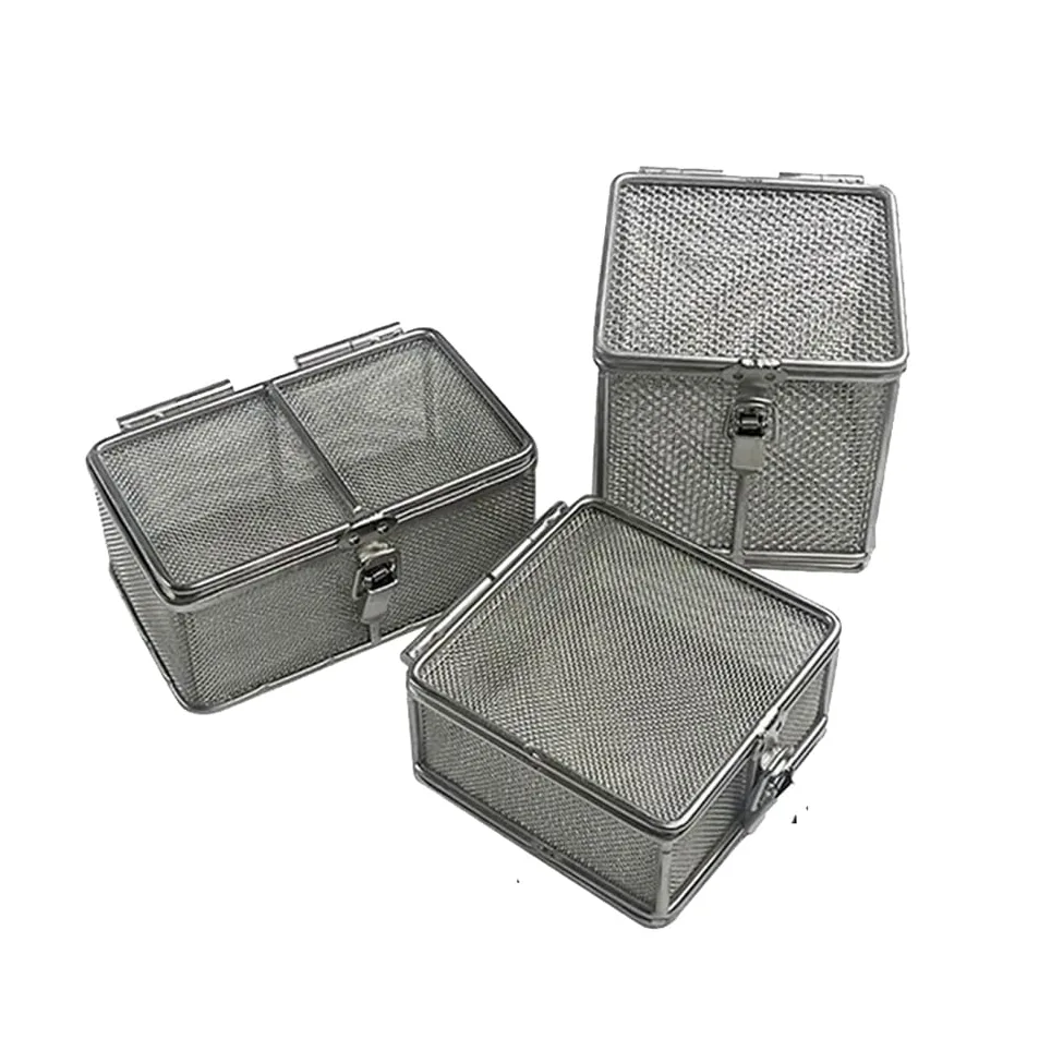Bandeja de instrumentos con tapa, cesta de malla de acero inoxidable para esterilización y limpieza de instrumentos quirúrgicos, estuche de suministros médicos, 40 x 30 x 7 cm