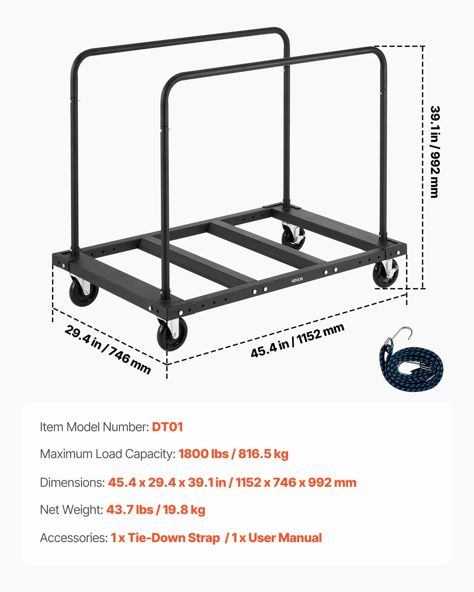 VEVOR Carro de Transporte, Carga 816 kg, con Ruedas Giratorias 12,5 mm, Rodillo para Placas, Abrazadera para Tubos con Correa de Amarre y 2 Pasamanos Laterales, para Almacenes y Garajes, Negro