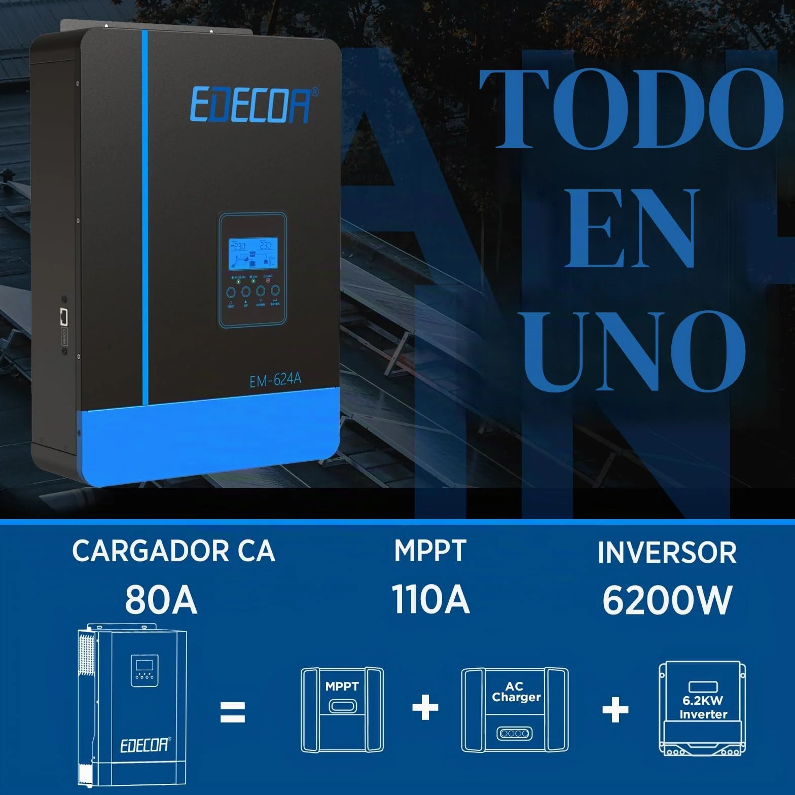 EDECOA 6200w Inversor Híbrido 48v a 230v 7000VA/6200W Cargador Solar MPPT 110A Onda Pura Off-Grid Cargador de Batería Prioridad de Red Regulador de Carga Solar (Compatible Módulo WiFi)