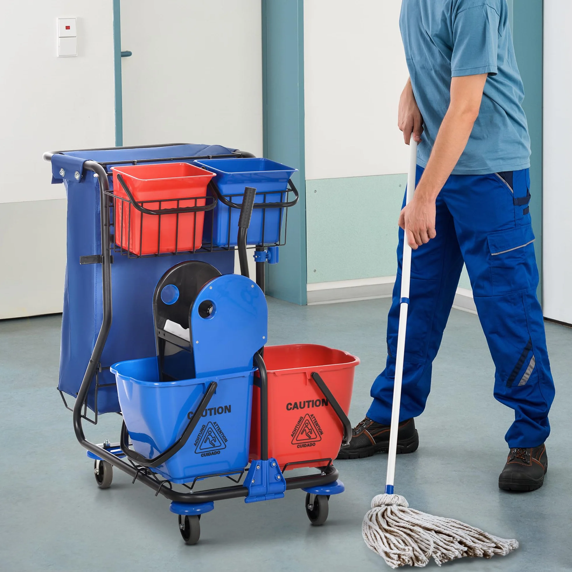 HOMCOM Carro de Limpieza con Bolsa de Basura Carro de Servicio con Doble Cubo de 18 litros Escurridor de Prensa 2 Cubetas Auxiliares 93x80x97 cm Rojo y Azul