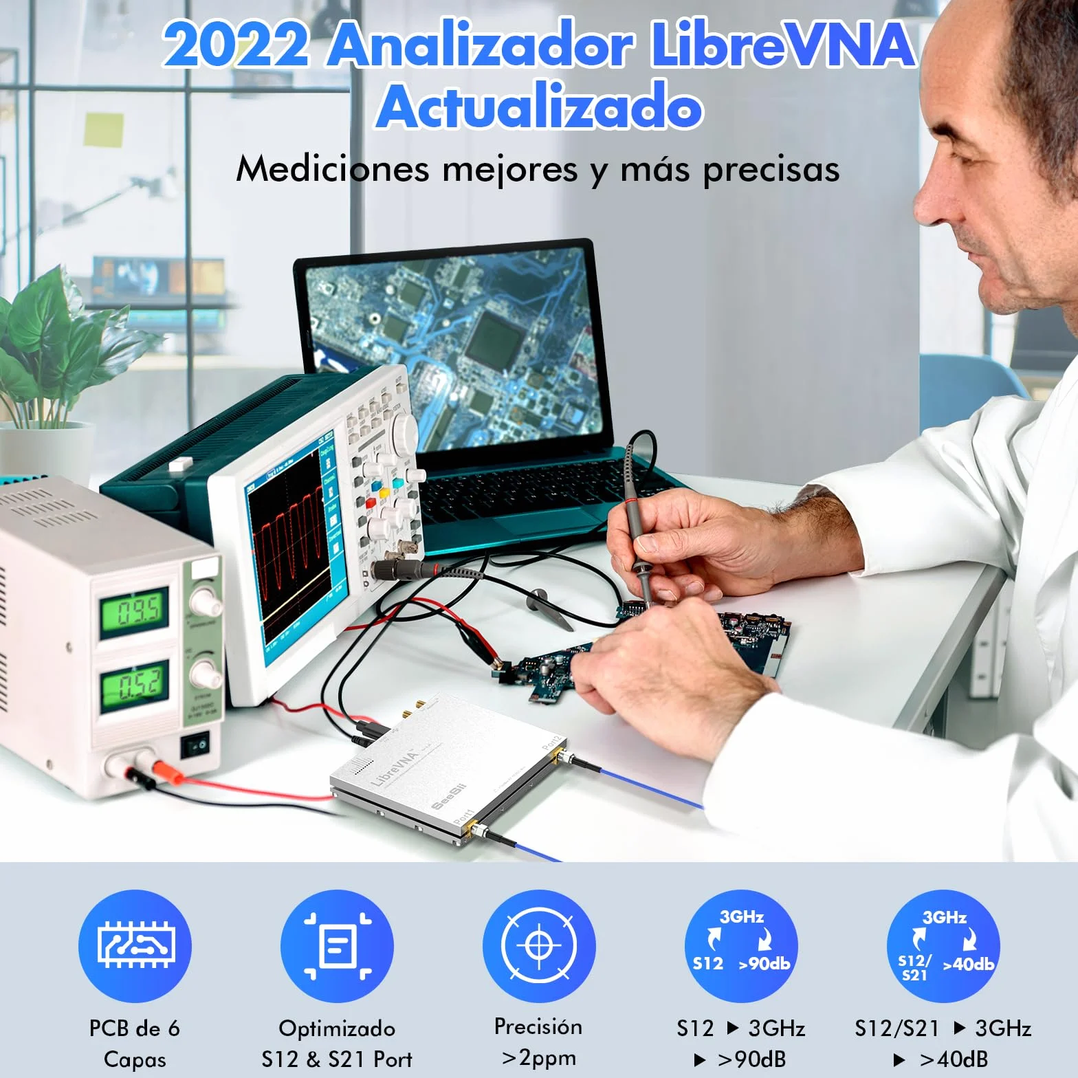 Seesii LibreVNA 2,0 Analizador Vectorial de Redes, Analizador de Antenas NanoVNA 100kHz-6GHz USB Completo Double Puerto con Entrada/Salida de Referencia Externa para Parámetros S Completos