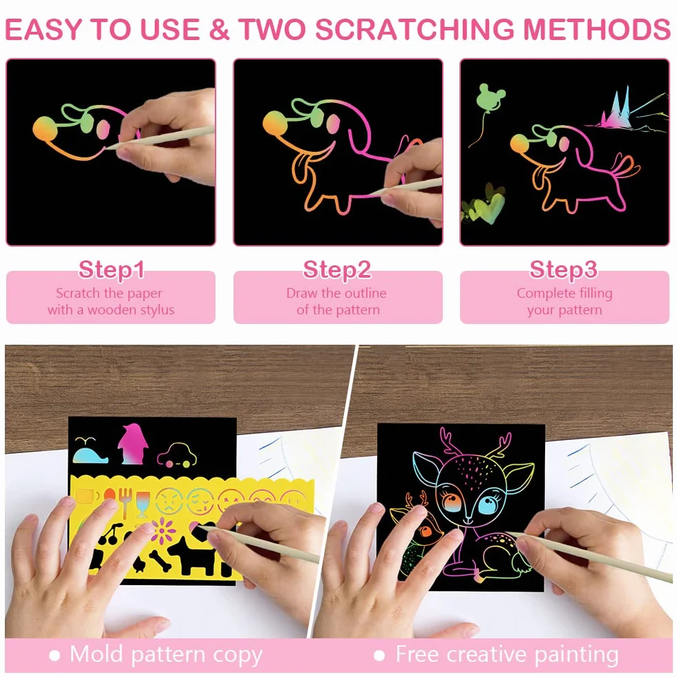 Vicloon Rainbow Scratch Art, 50 notas mágicas negras, pintura para niños, 4 plantillas, 5 lápices