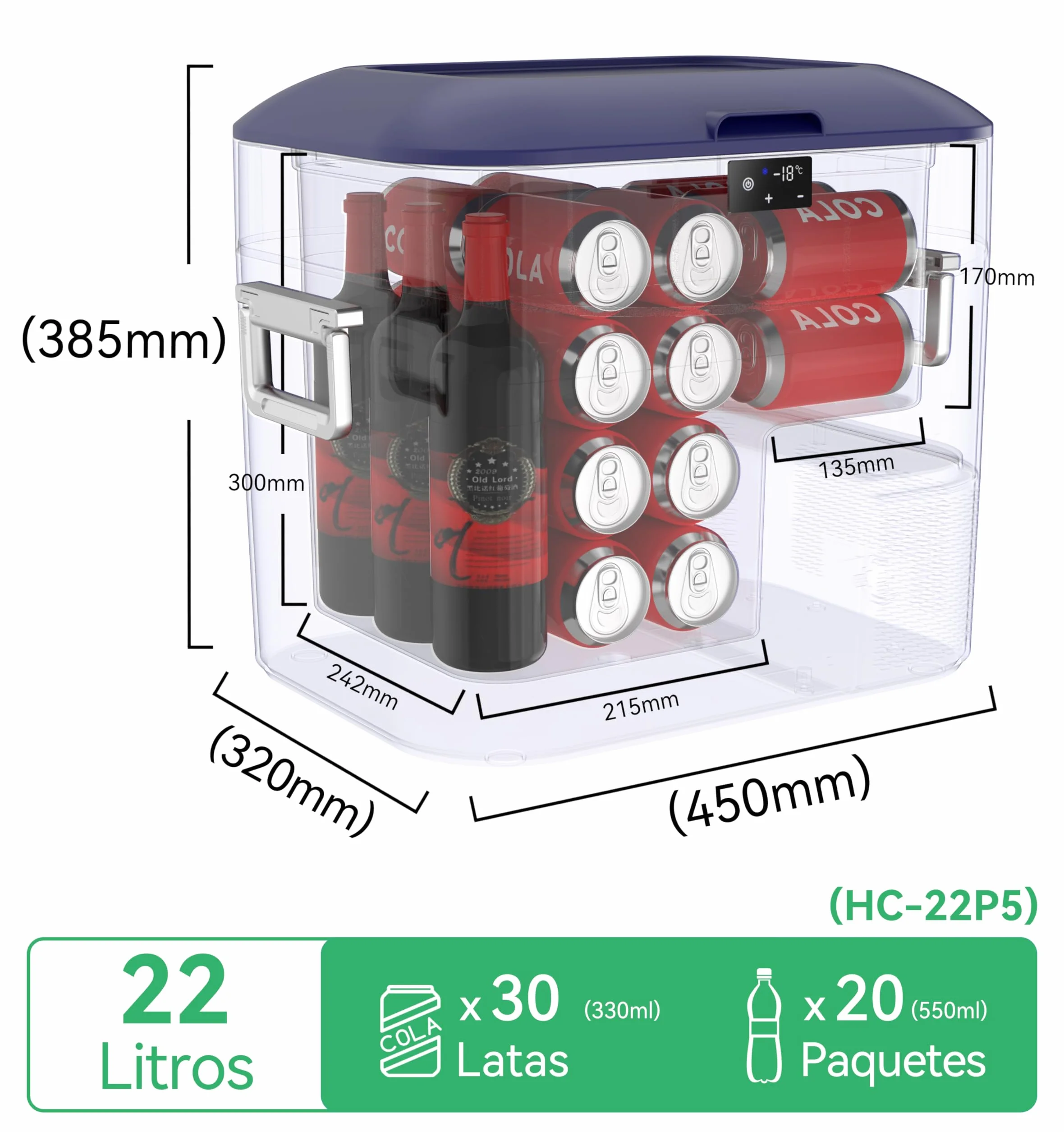 Nevera Portátil Eléctrica 22L Compresor 12V/24V 220V -18ºC a +15ºC para Coche Camping