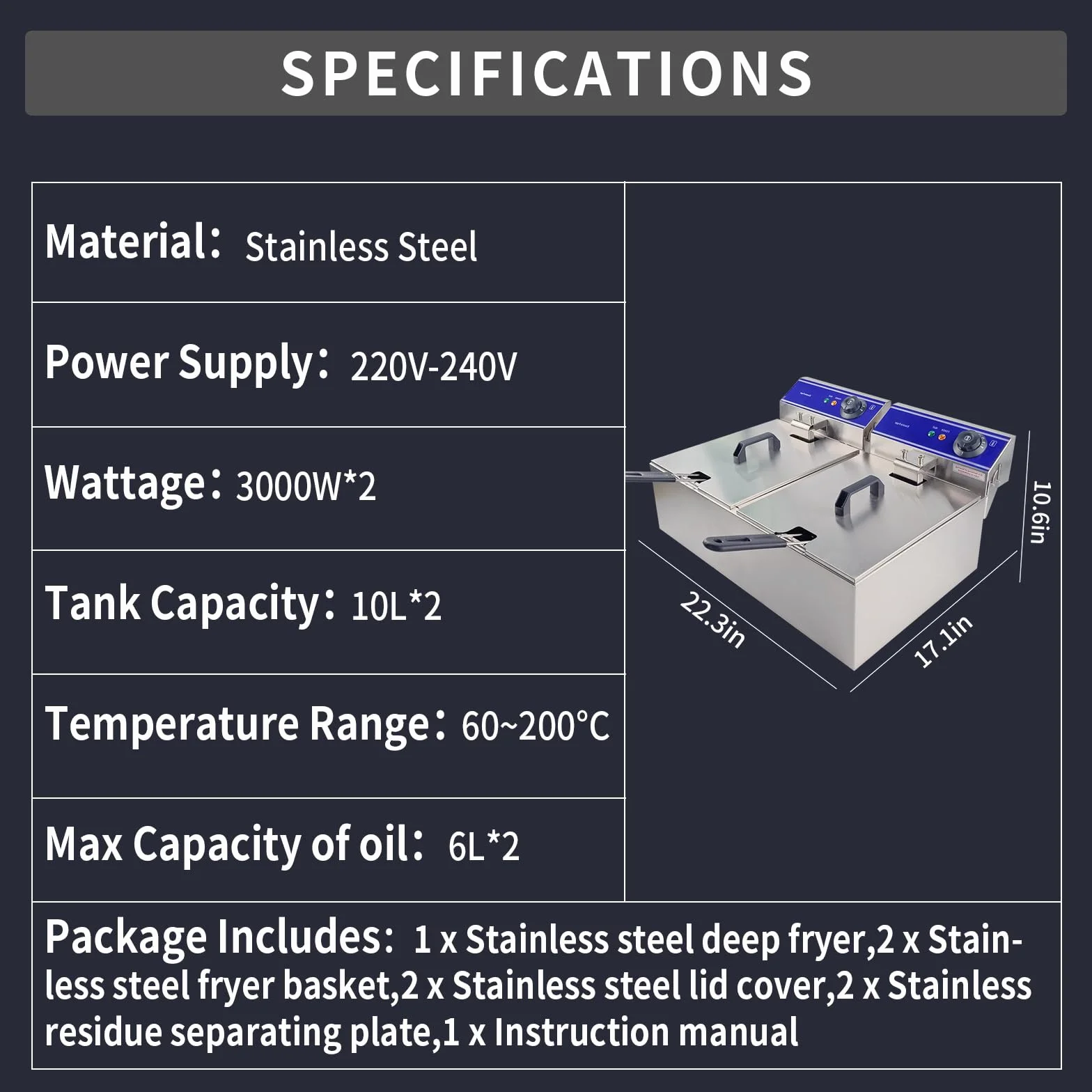 Freidora Eléctrica 20L Comercial 2 Tanques 10L+10L Acero Inoxidable 2x3000W 220V-240V Termostato 60-200 ° C Capacidad de Aceite Máxima 6L+6L
