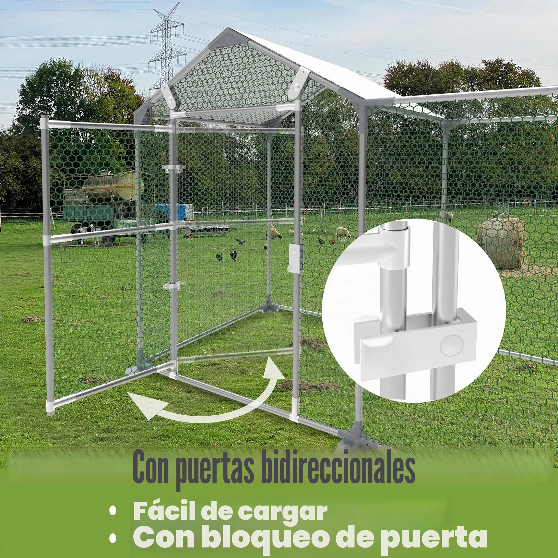 NAIZY - Parque para gallinas con cerradura, gallinero de 4 m x 1 m - Estructura de acero galvanizado con techo protector solar de PE - Pequeño gallinero para gallinas, jaula para pájaros