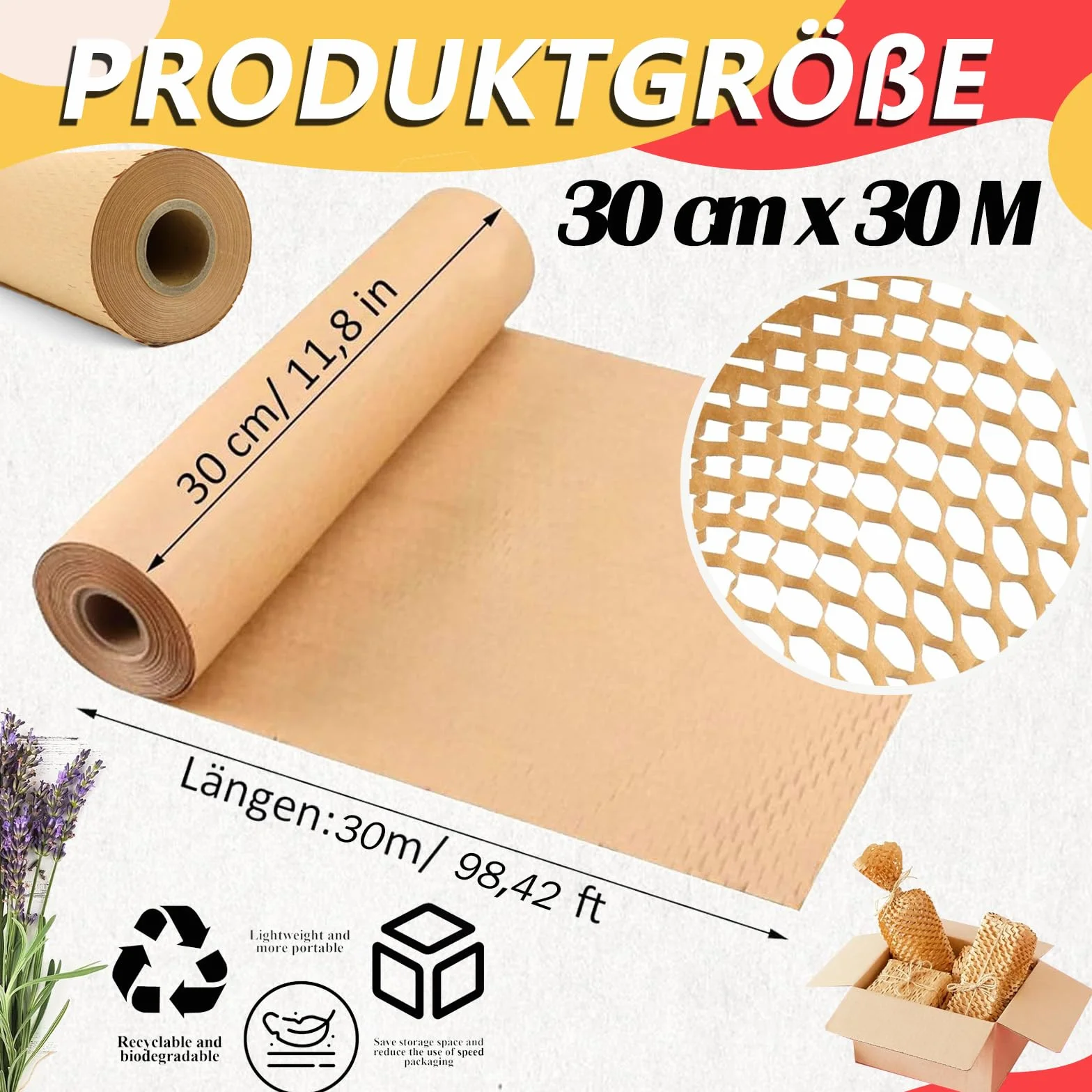 Papel de nido de abeja 30 cm x 30 m, rollo de protección para embalaje de regalos y artículos frágiles