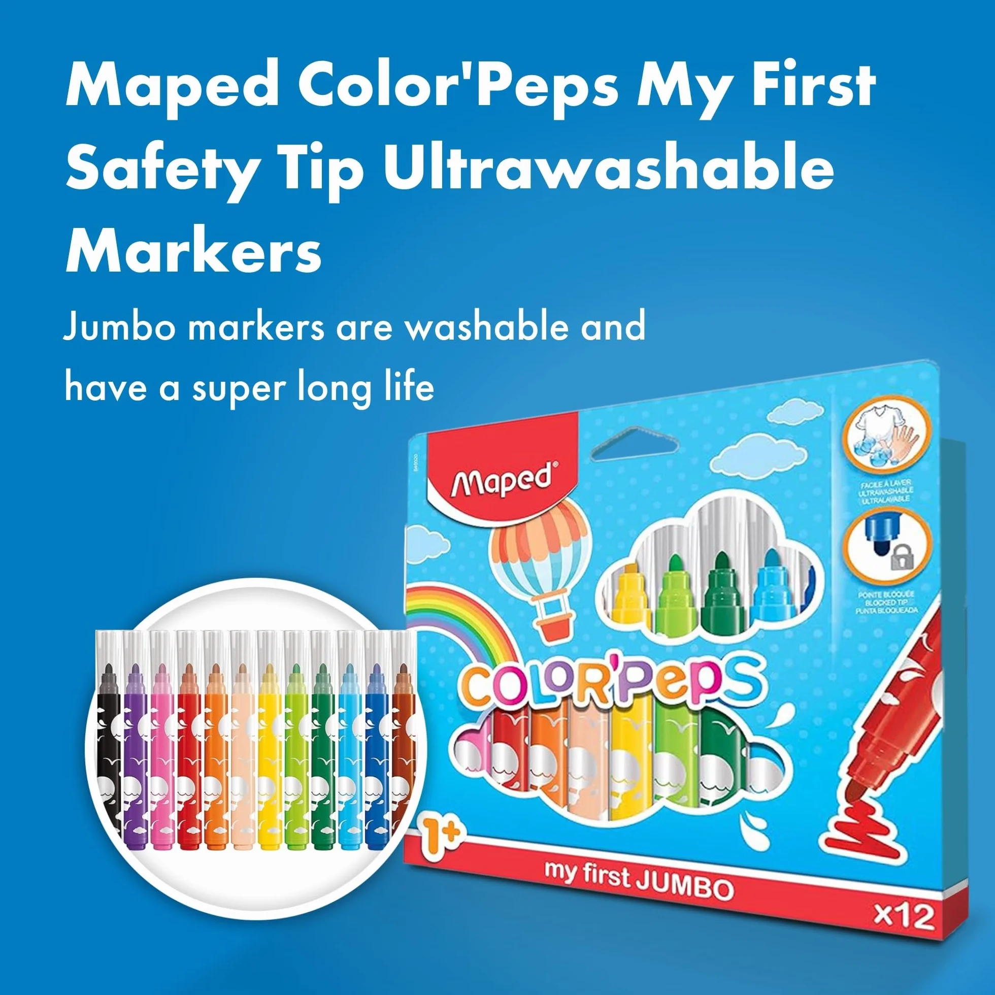 Maped Rotuladores Jumbo para Niños, 12 Colores Vivos, Punta Gruesa, Tinta Ultra Lavable