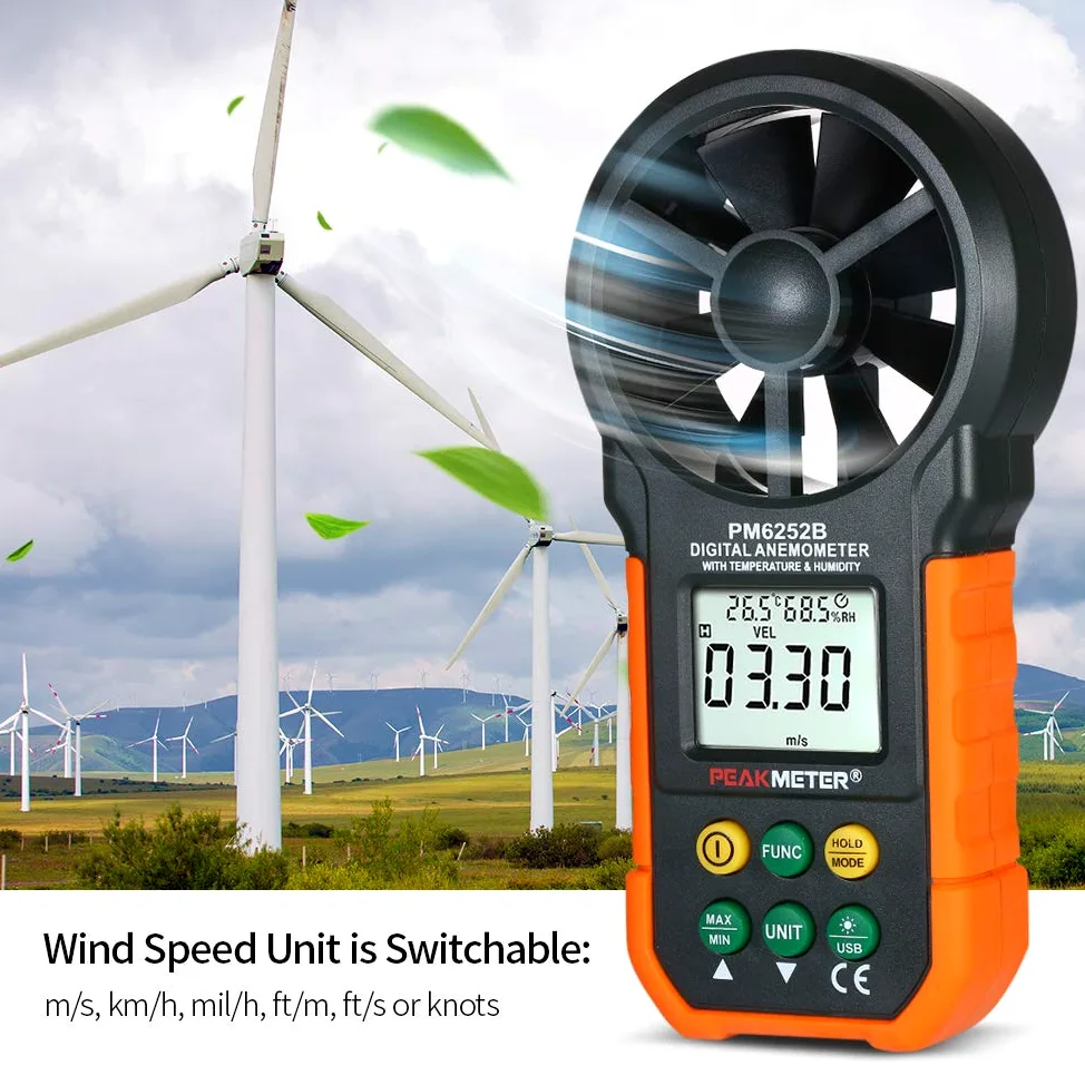PEAKMETER Anemómetro digital multifunción Medidor de velocidad del viento profesional Anemómetro digital LCD Volumen de aire/temperatura/humedad para recopilación de