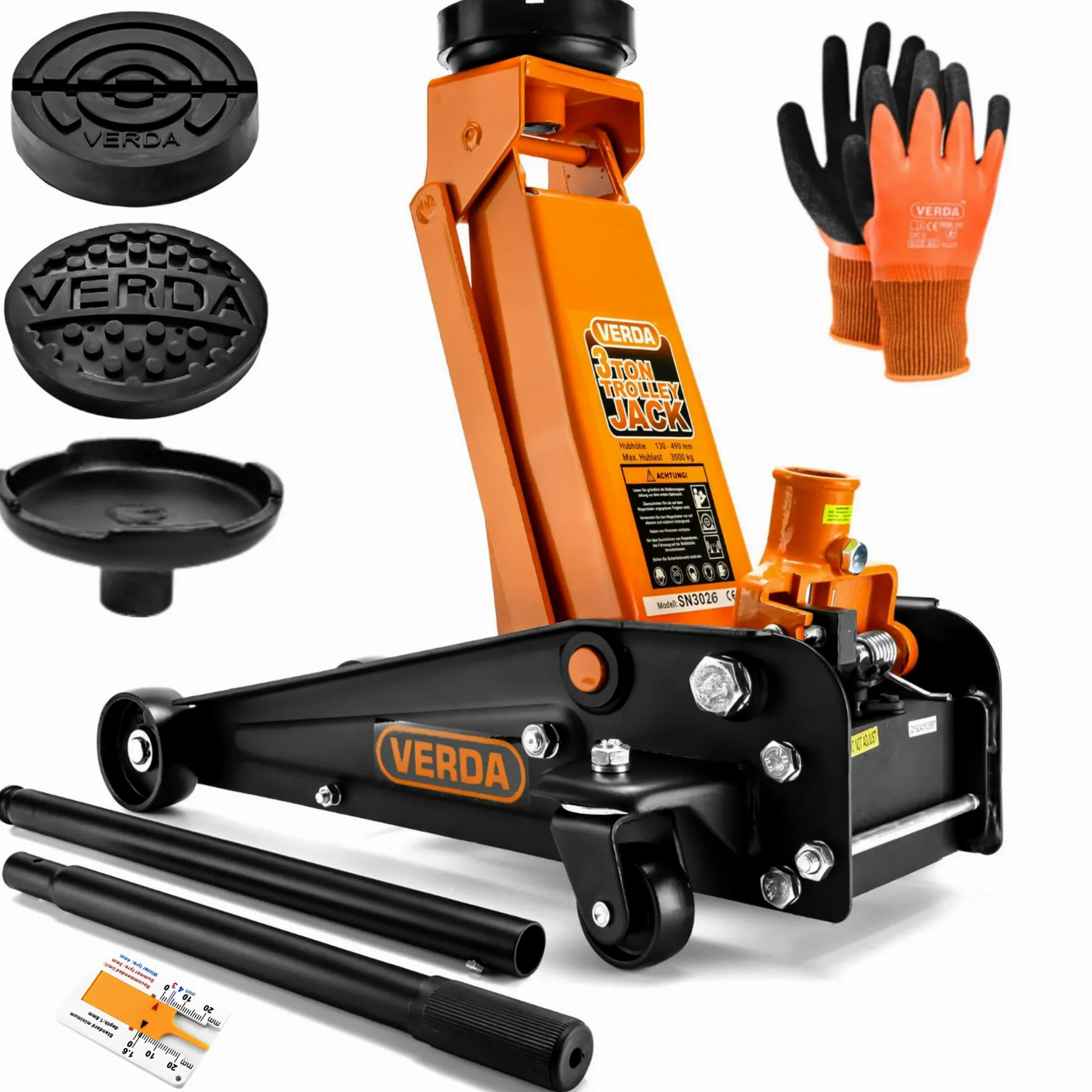 Verda Gato Hidráulico de Carretilla 3 T, Altura de Elevación 130-490 mm, Incluye 2 Almohadillas de Goma y Guantes, Gato para Coche, Turismo, Autocaravana y Todoterreno, Uso Profesional