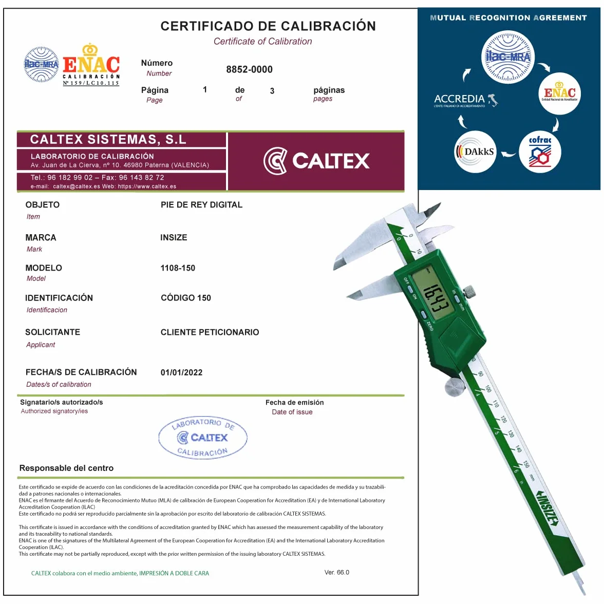 INSIZE 1108-150 Pie de rey Calibrado ENAC con Certificado