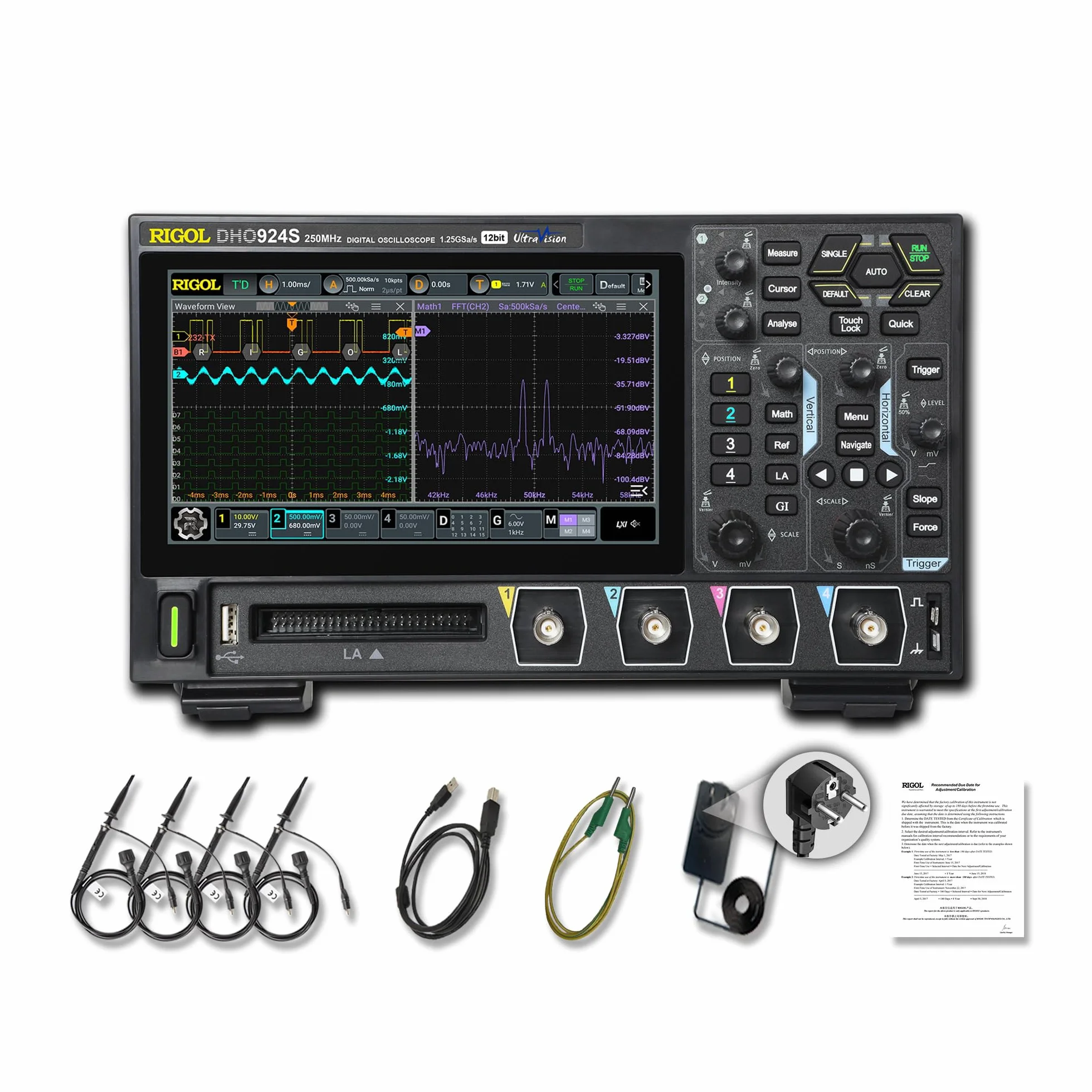 RIGOL Osciloscopio,DHO924S Osciloscopio Digital Portatil,250MHz,4A+16D canales,Resolución 12 bits,Pantalla táctil HD 7",Generador de señales integrado,Para pruebas en campo y enseñanza en laboratorio