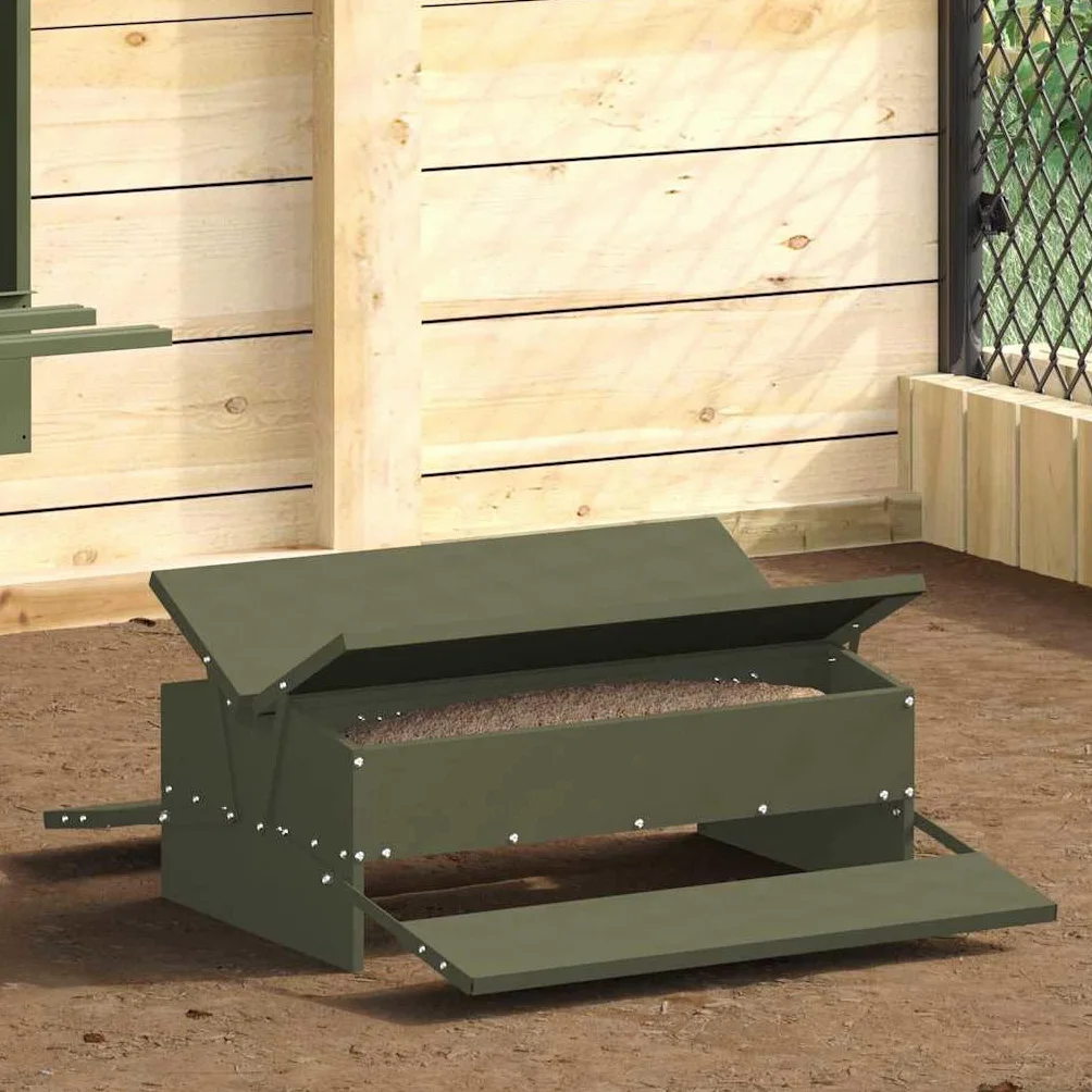 Comedero gallinas metal verde oliva 75 x 53 x 20,5 cm, alimentador gallinas con pedal de acero resistente, diseño funcional para jardín o terraza, montaje fácil con destornillador,