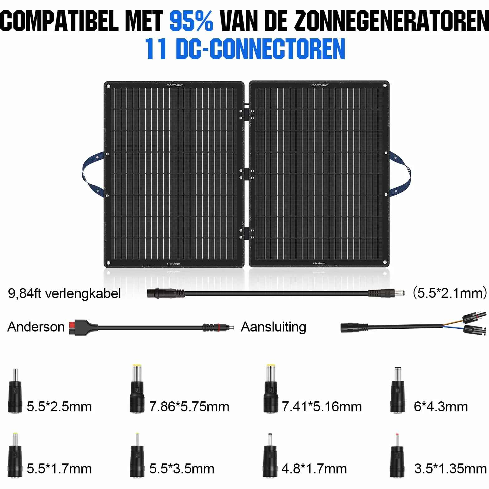 ECO-WORTHY Panel solar plegable de 100 W para generador solar Powerstation, con soporte ajustable, cable PV (9,84 ft), MC-4 y 4 adaptadores DC para la mayoría de Power Station, autocaravanas,