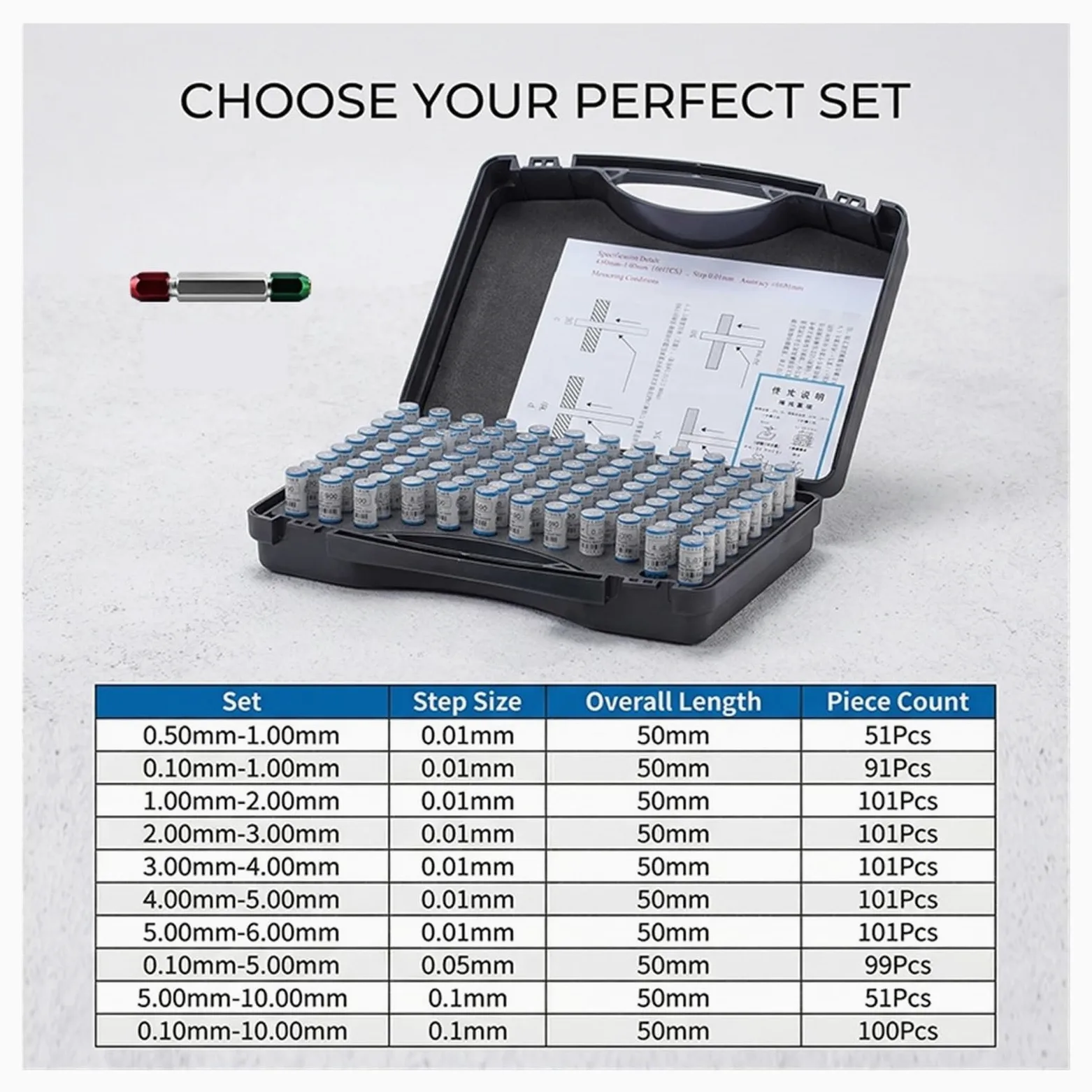 Juego De Calibradores De Precisión De 10mm, Paso 0,01/0,05/0,1mm, Herramientas De Inspección Y Calibración De Micrómetro De Acero Medición precisa(0.10-10.00mm 100Pcs)