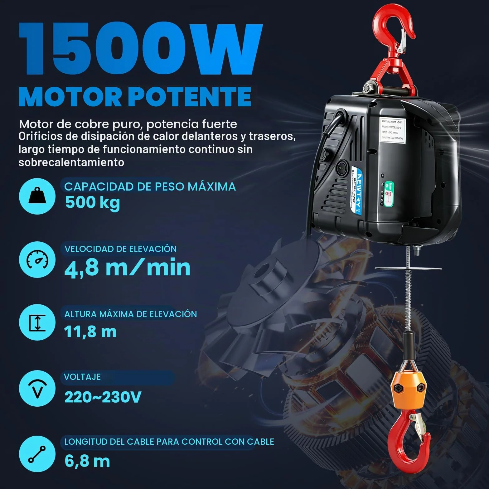 NEWTRY 3 en 1 Polipasto Eléctrico 1500W, Cabrestante Eléctrico de 500 kg 7.6m, Control Remoto Inalámbrico, Con Protección Contra Sobrecargas, Con manual en español