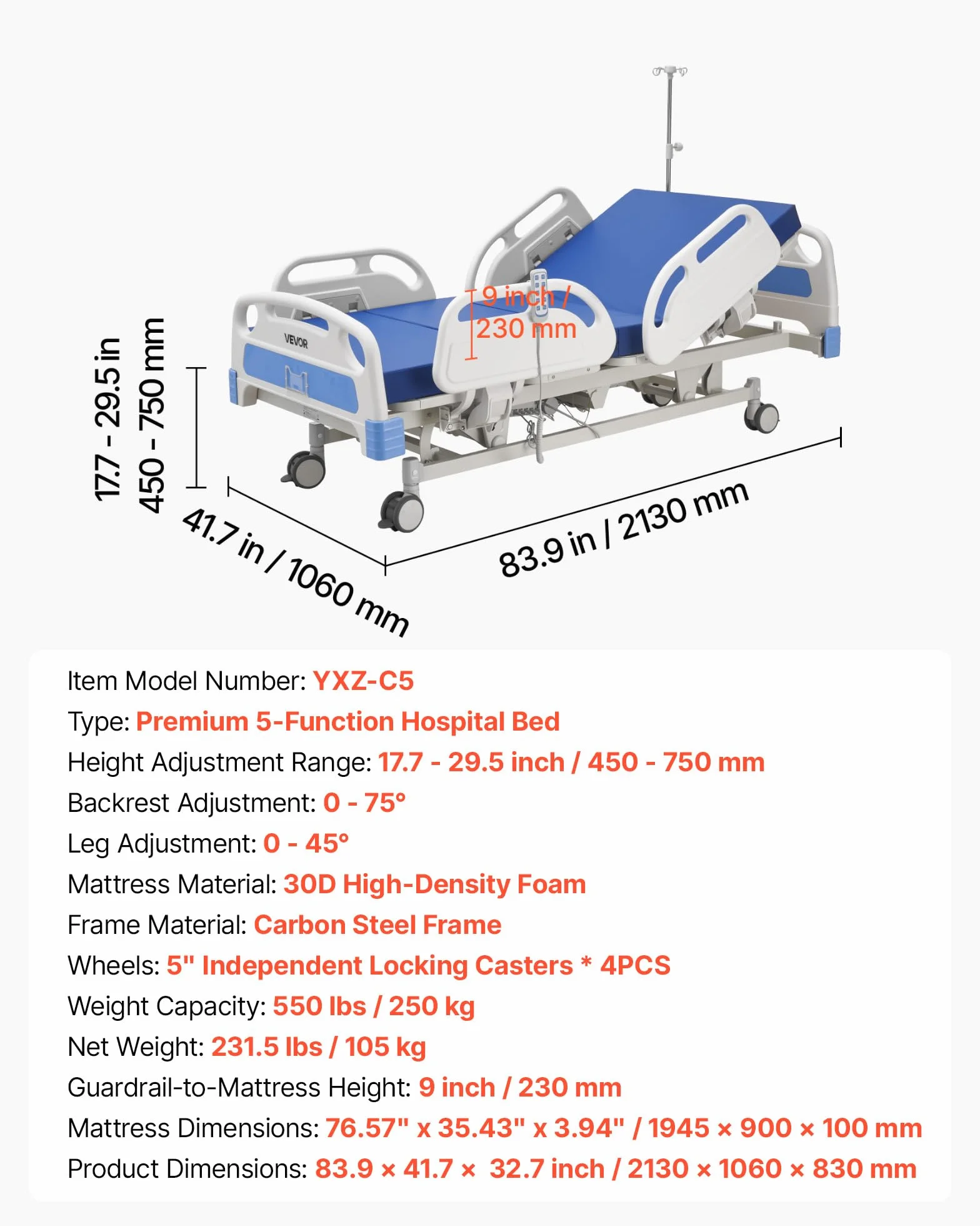 VEVOR Cama de Hospital Eléctrica de 5 Funciones con Trendelenburg y Ruedas con Bloqueo, Cama Médica con Colchón de Alta Densidad para Hospitalización Doméstica, Carga de 250 kg, 213 x 106 x 45-75 cm