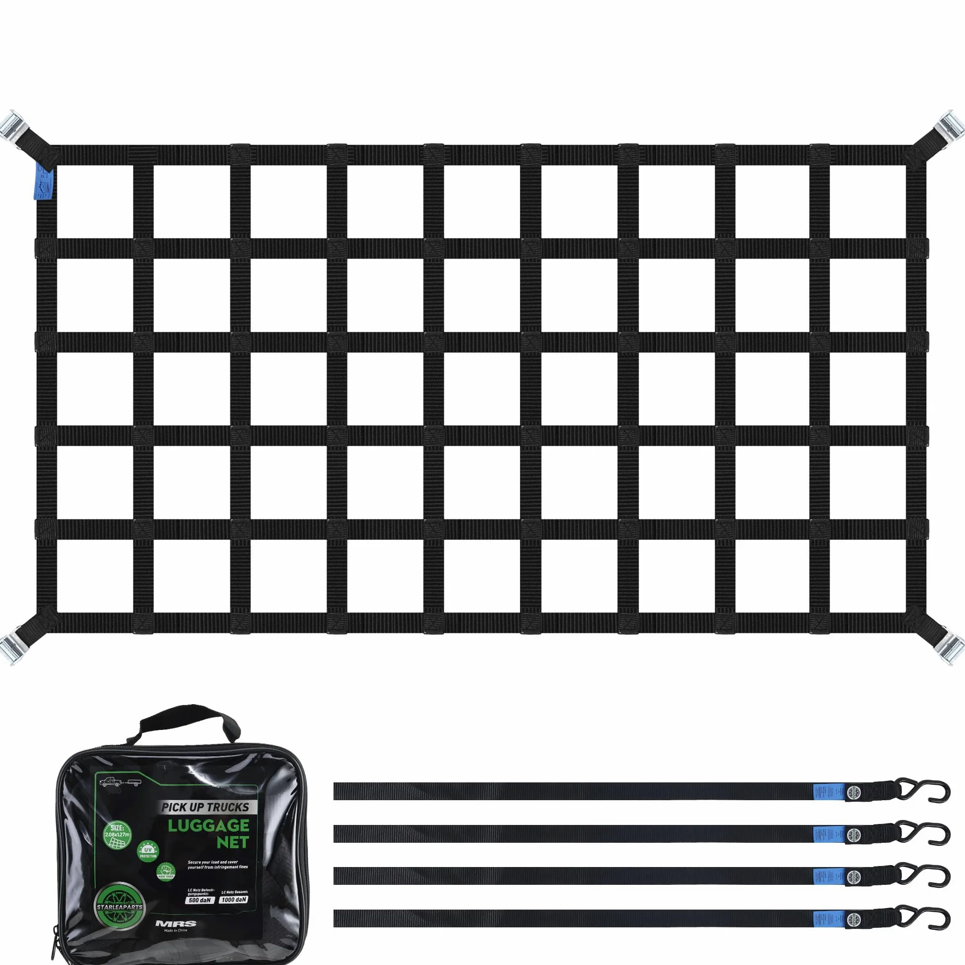 STARLEAPARTS Red de equipaje para camioneta, compartimento de carga, red para remolque, ajustable, red de carga, organizador, 208 cm x 127 cm, red de seguridad de carga, malla 17 x 17 cm, BS:700 kg