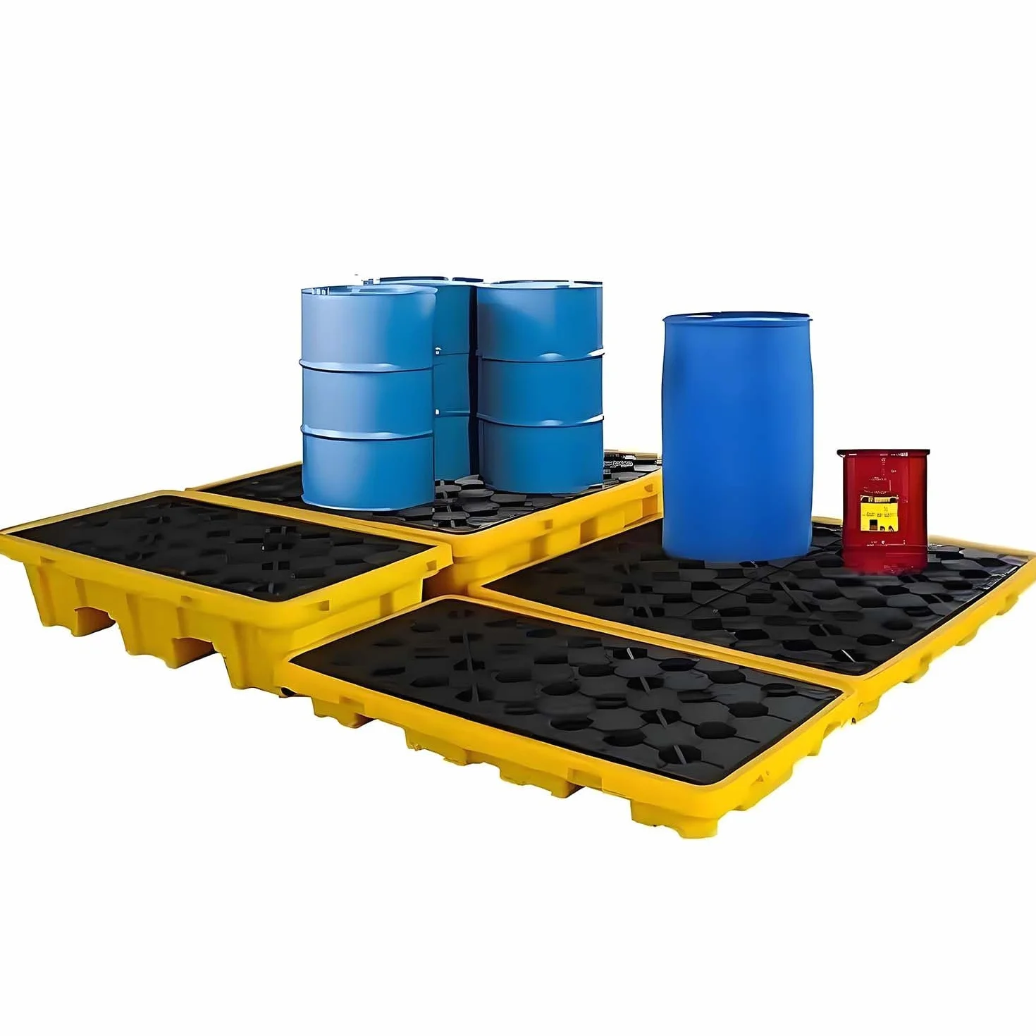 Plataforma Industrial Contención Derrames, Bandeja Modular Contención Capacidad Carga 1/2 Bidón, Tarima Antiderrames Amarilla Y Negra, Orificios Drenaje 66 * 36 * 12cm