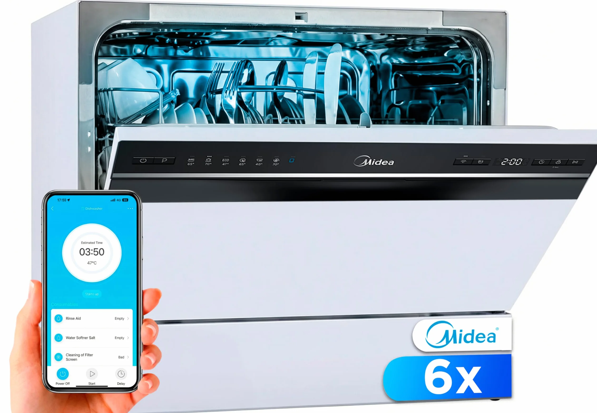 Midea Lavavajillas Pequeño Blanco 55cm 6 Servicios Compacto Portátil sin Instalación App Control 6 Programas ECO Filtro Antibacterias Secado 49dB